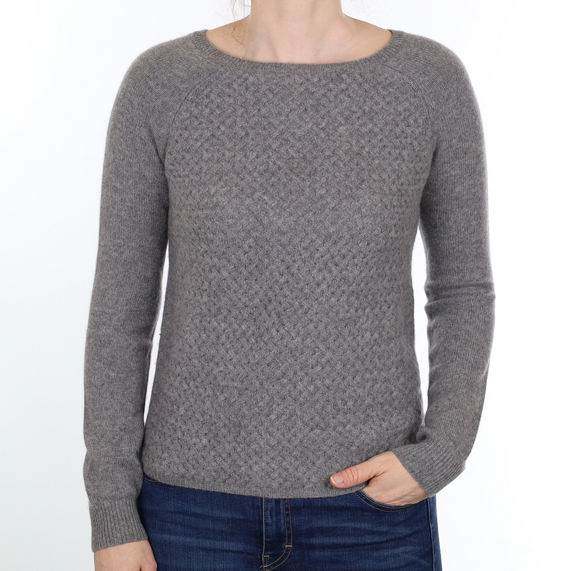 Ash Grey Textured Knit Cashmere Crew Neck Jumper Small