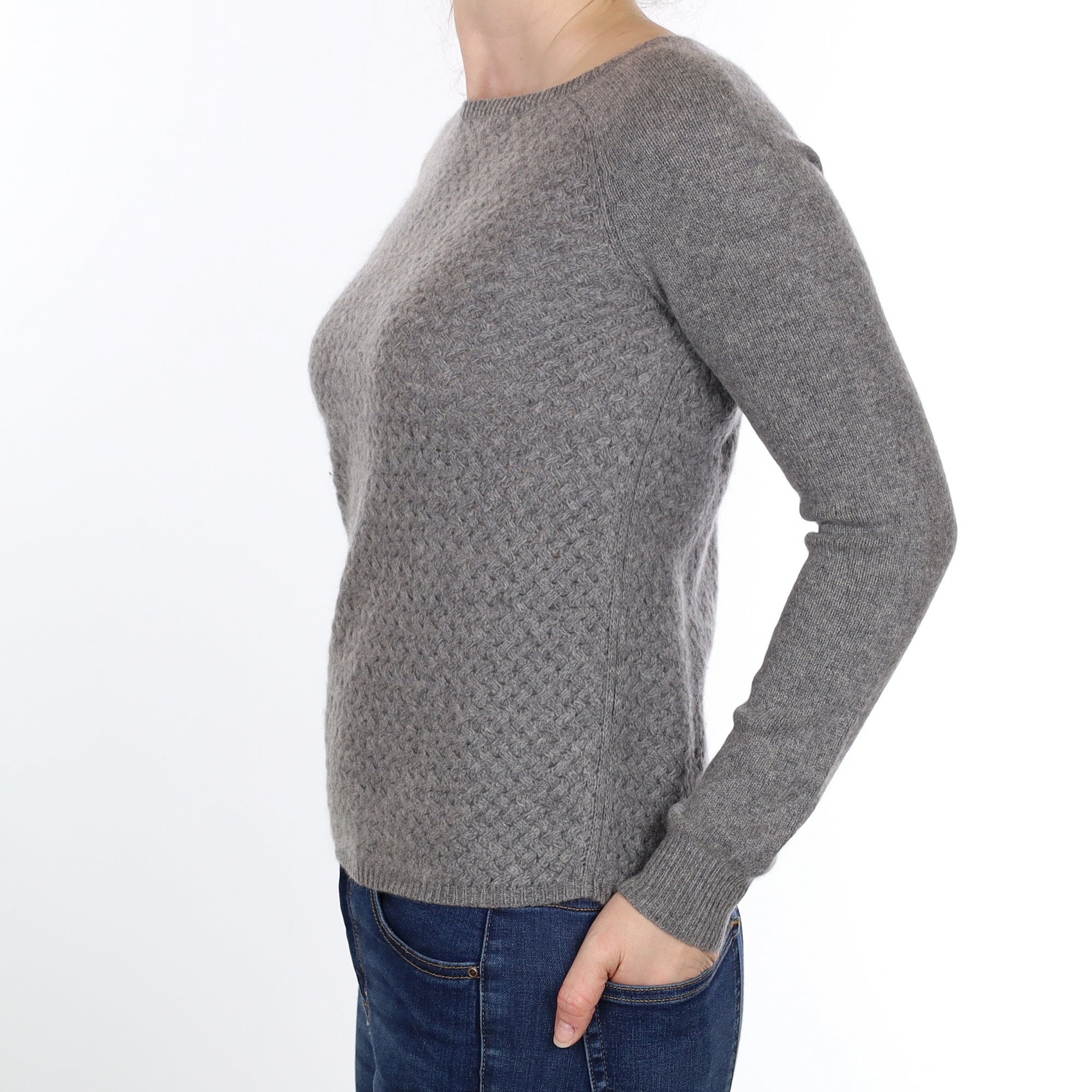 Ash Grey Textured Knit Cashmere Crew Neck Jumper Small