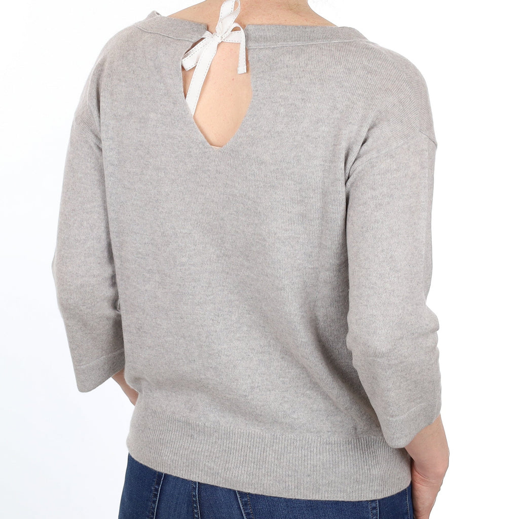 Smoke Grey Tie Back Cashmere 3/4 Sleeve Boat Neck Jumper Small
