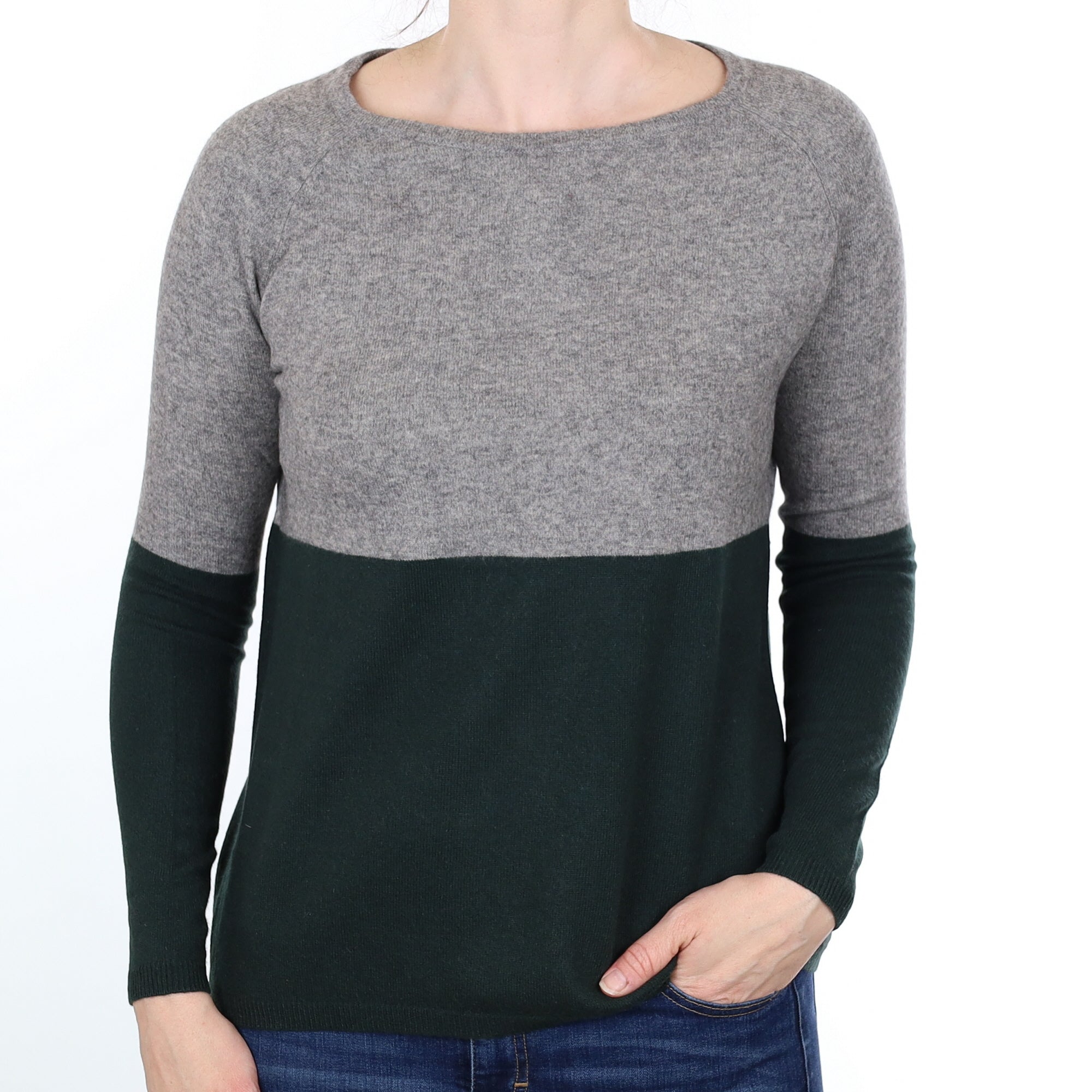 Slate Grey and Bottle Green Colour Block Cashmere Crew Neck Jumper Small