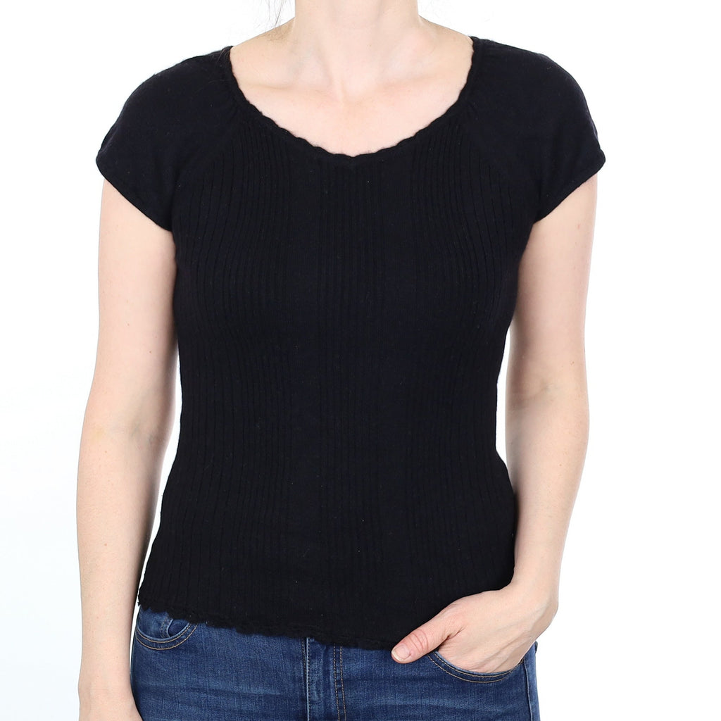 Black Ribbed Cashmere Short Sleeved V Neck Jumper Small