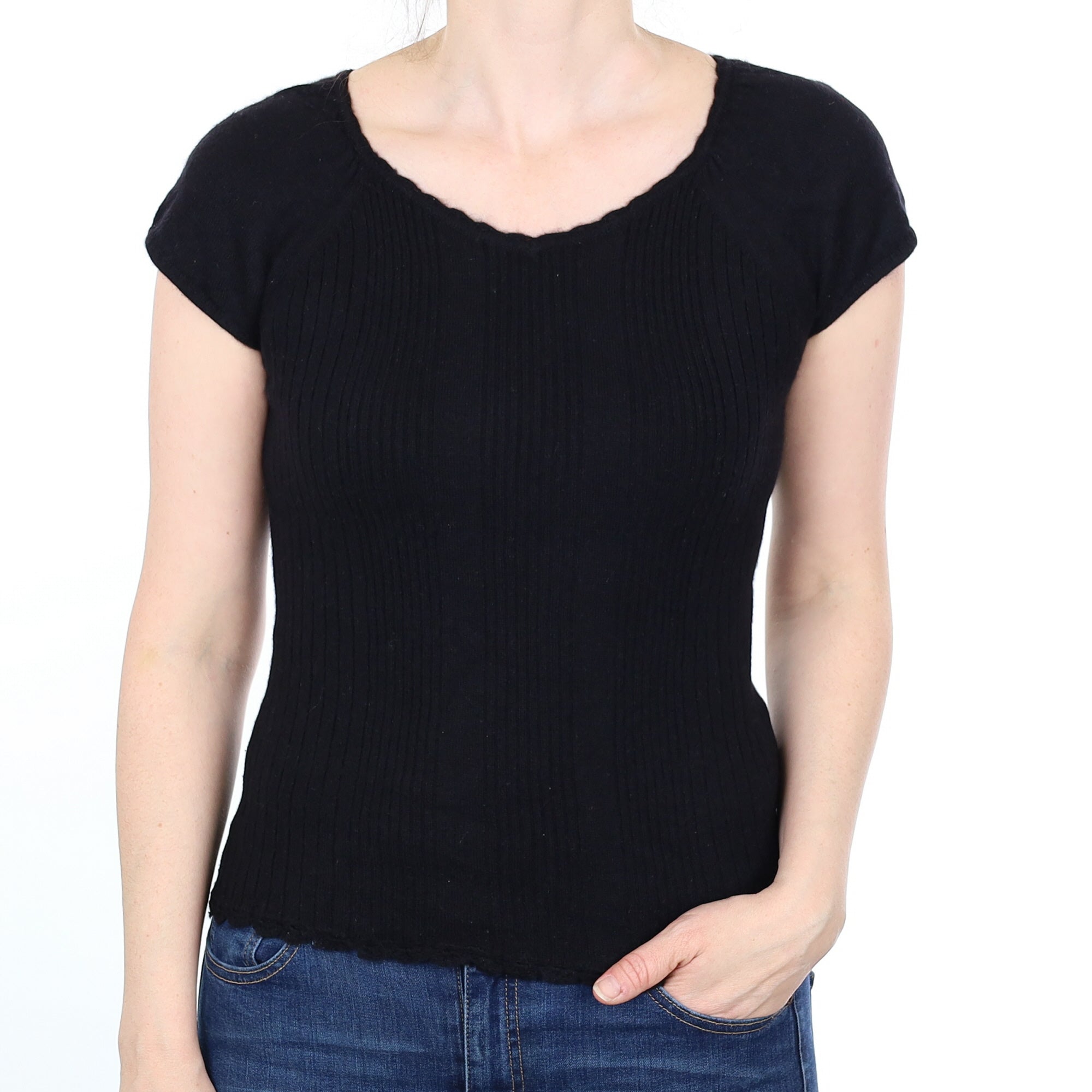 Black Ribbed Cashmere Short Sleeved V Neck Jumper Small