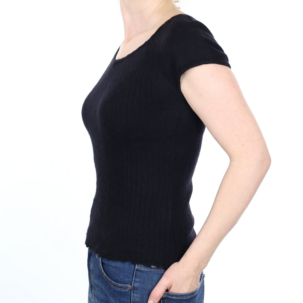 Black Ribbed Cashmere Short Sleeved V Neck Jumper Small