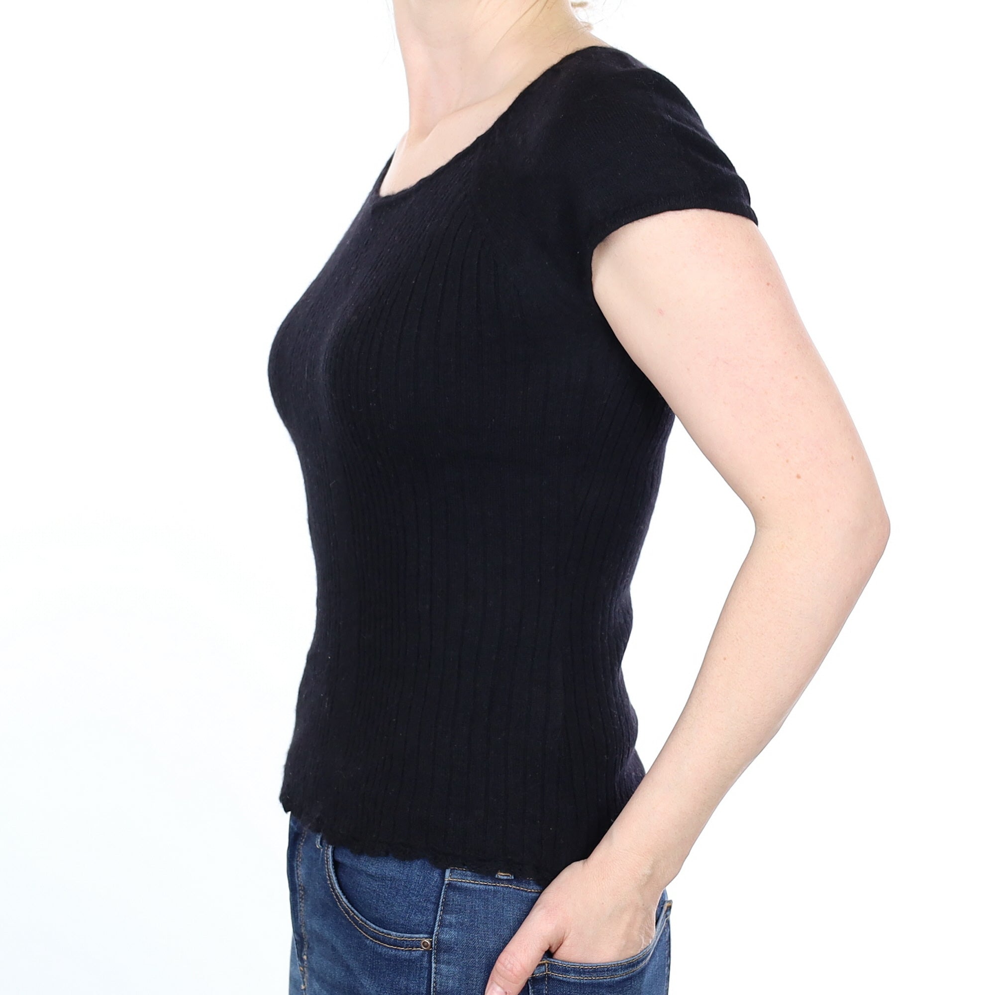 Black Ribbed Cashmere Short Sleeved V Neck Jumper Small
