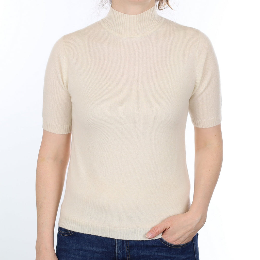 Vanilla Cream Cashmere Short Sleeved Turtleneck Jumper Small