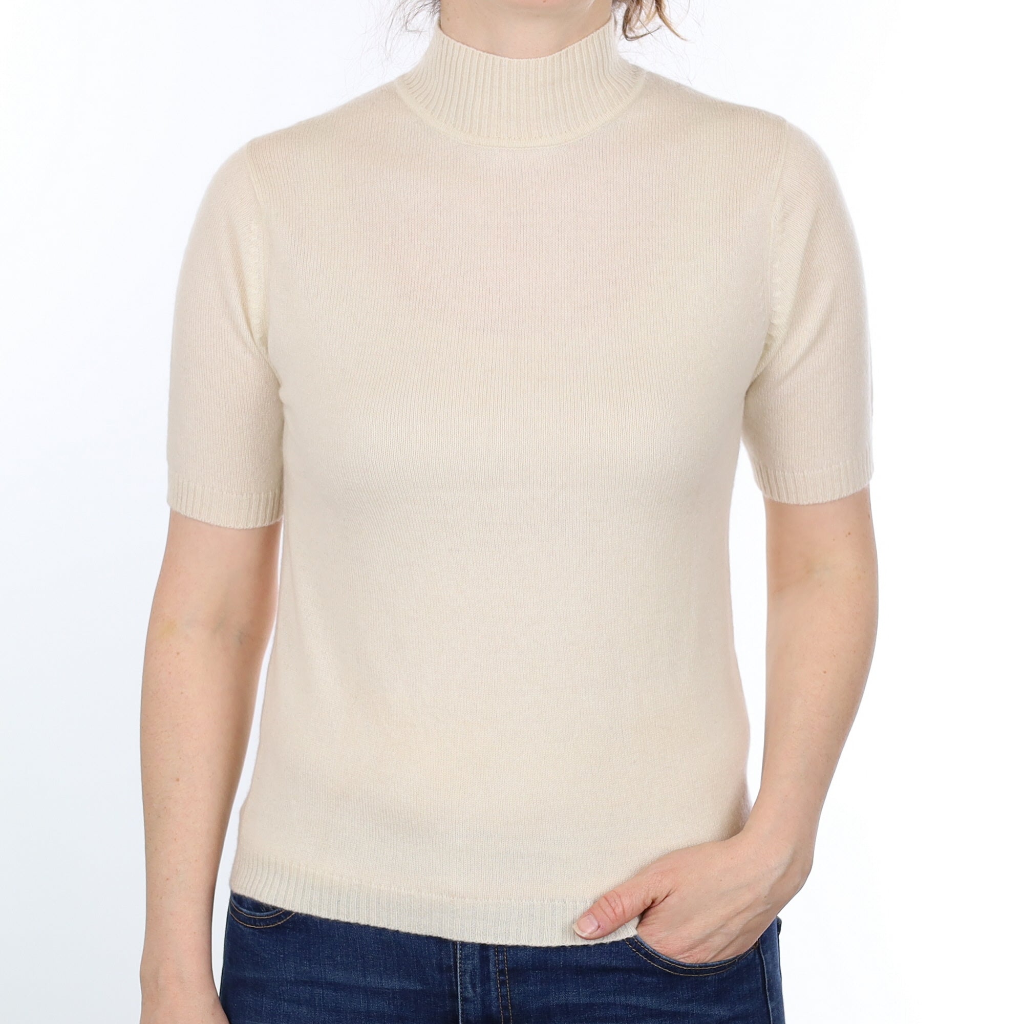 Vanilla Cream Cashmere Short Sleeved Turtleneck Jumper Small