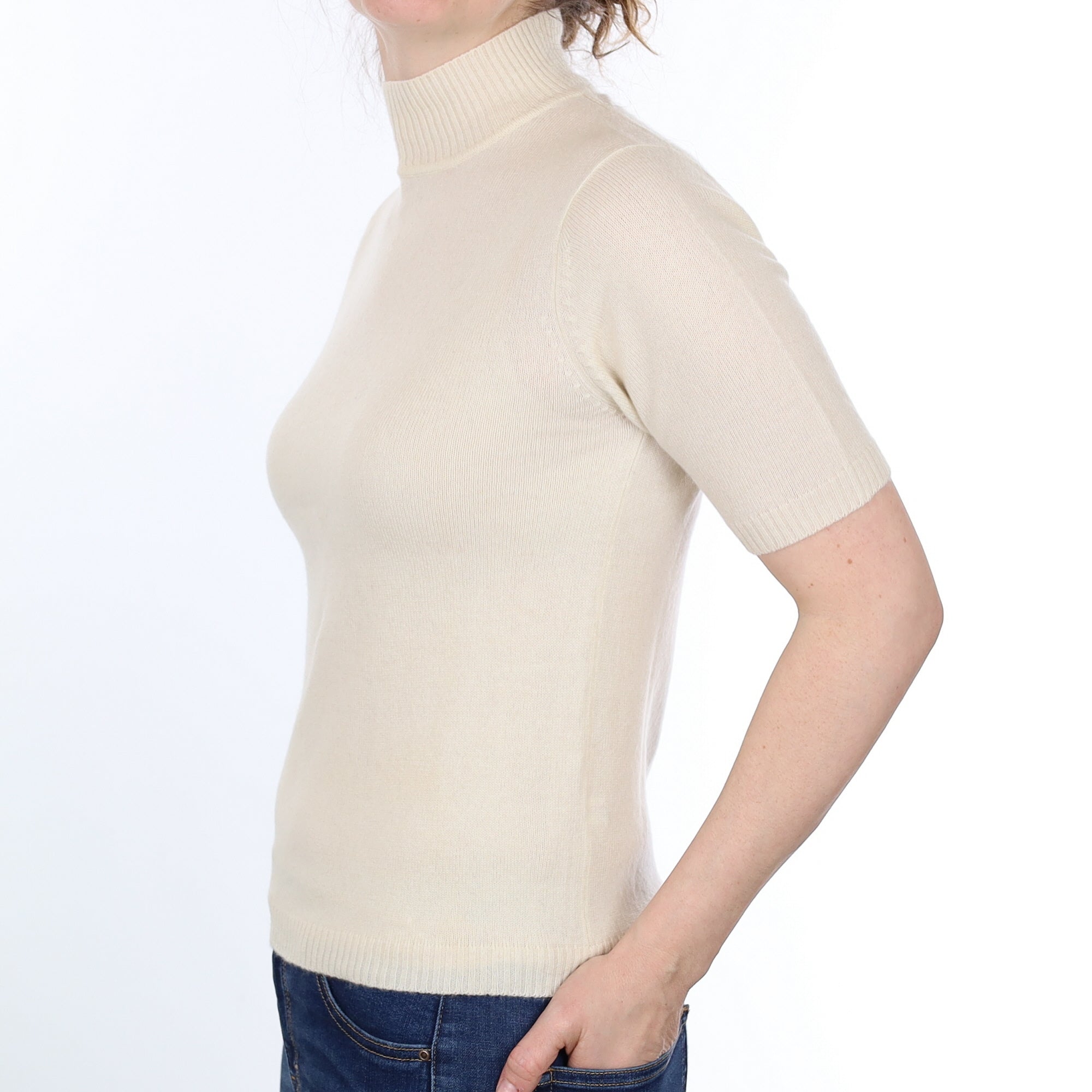 Vanilla Cream Cashmere Short Sleeved Turtleneck Jumper Small