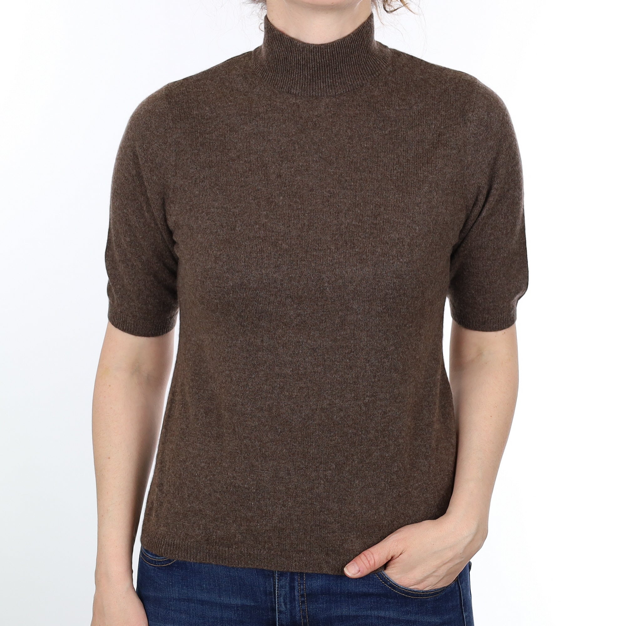 Muted Brown Cashmere Short Sleeved Turtleneck Jumper Small
