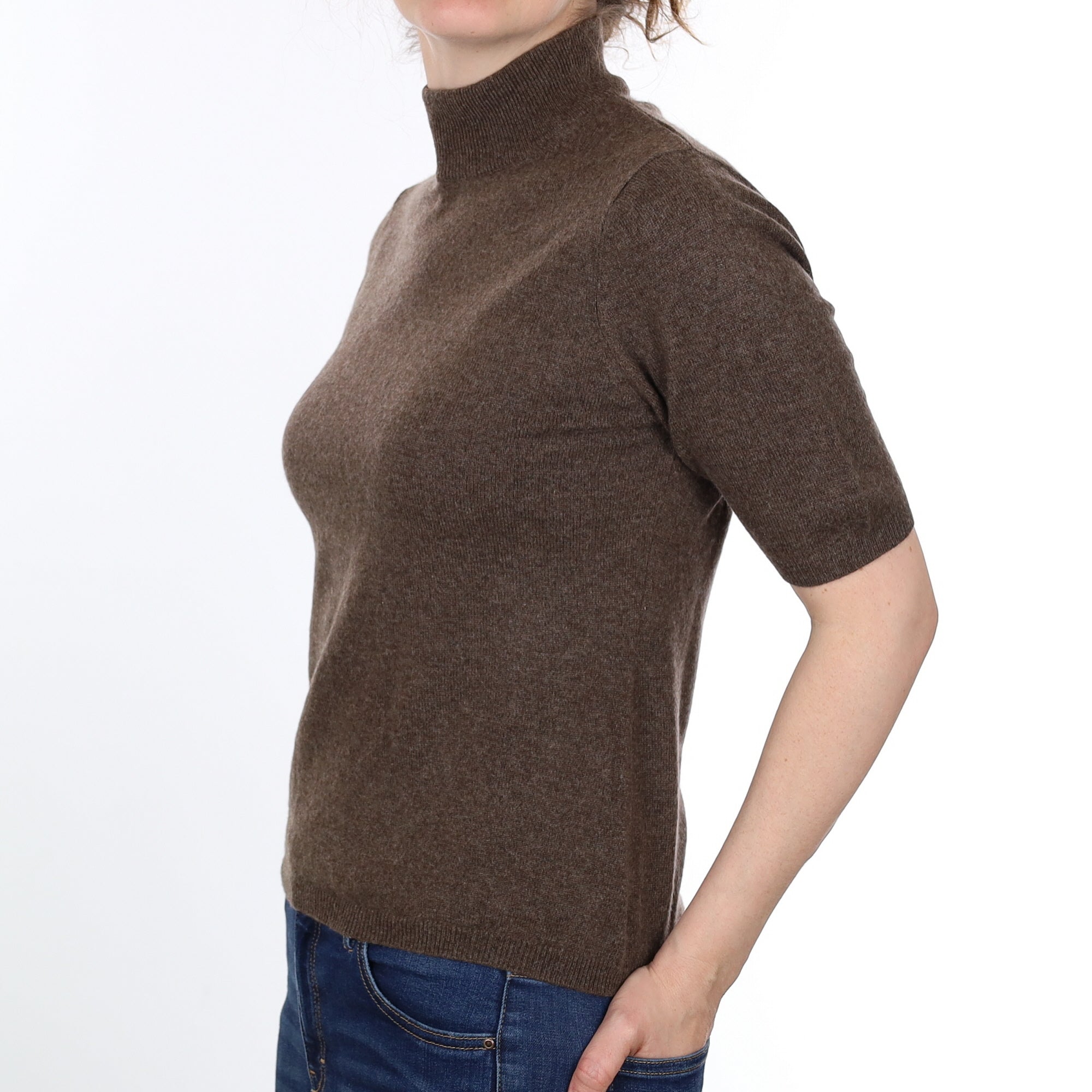 Muted Brown Cashmere Short Sleeved Turtleneck Jumper Small