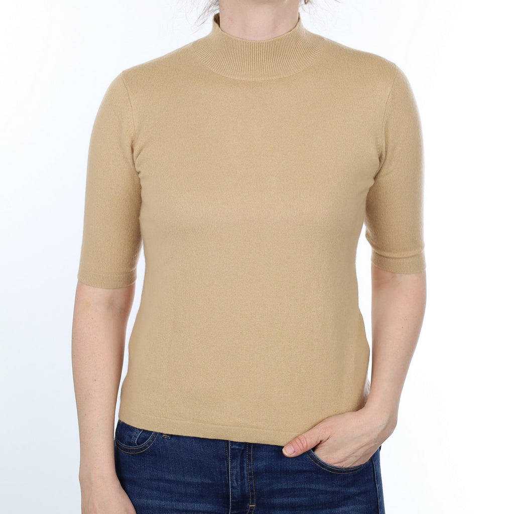 Straw Brown Cashmere Short Sleeved Turtleneck Jumper Small