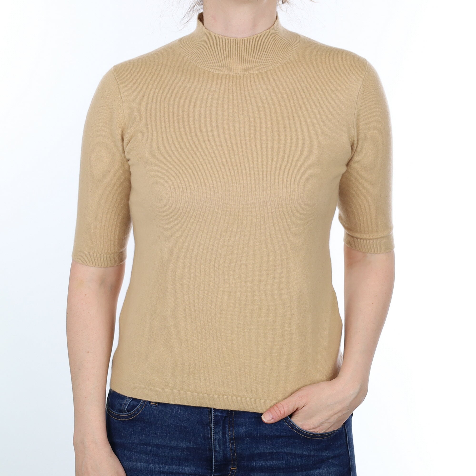 Straw Brown Cashmere Short Sleeved Turtleneck Jumper Small
