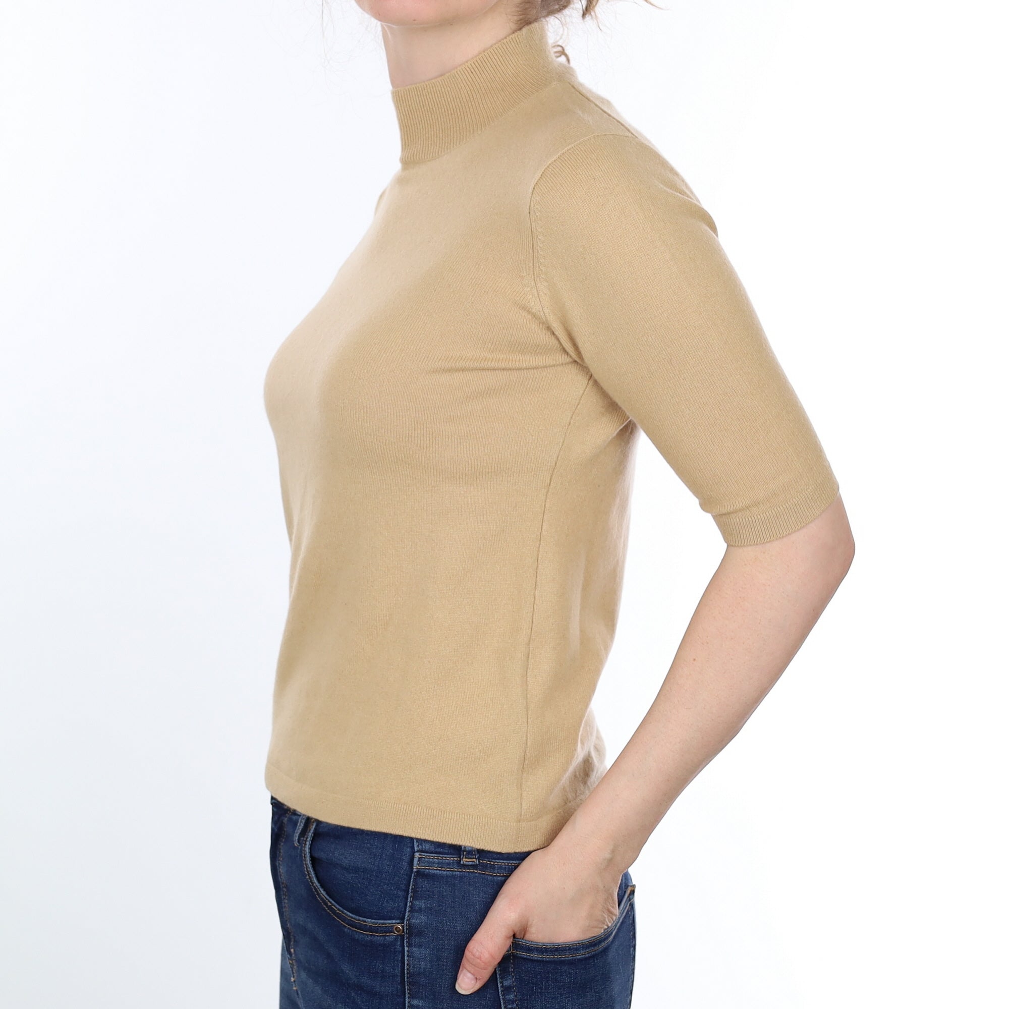 Straw Brown Cashmere Short Sleeved Turtleneck Jumper Small
