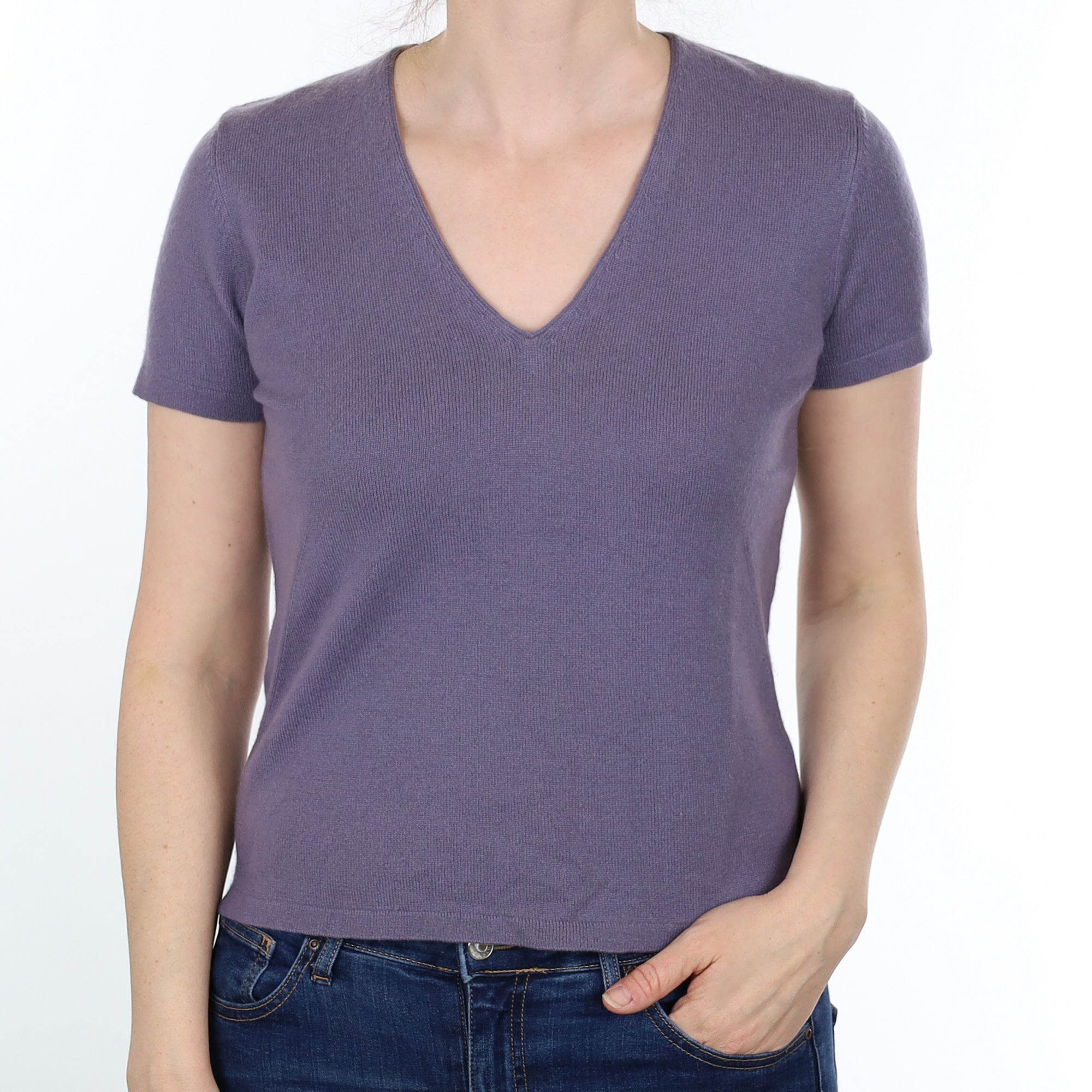 Muted Heather Cashmere Short Sleeved V Neck Jumper Small