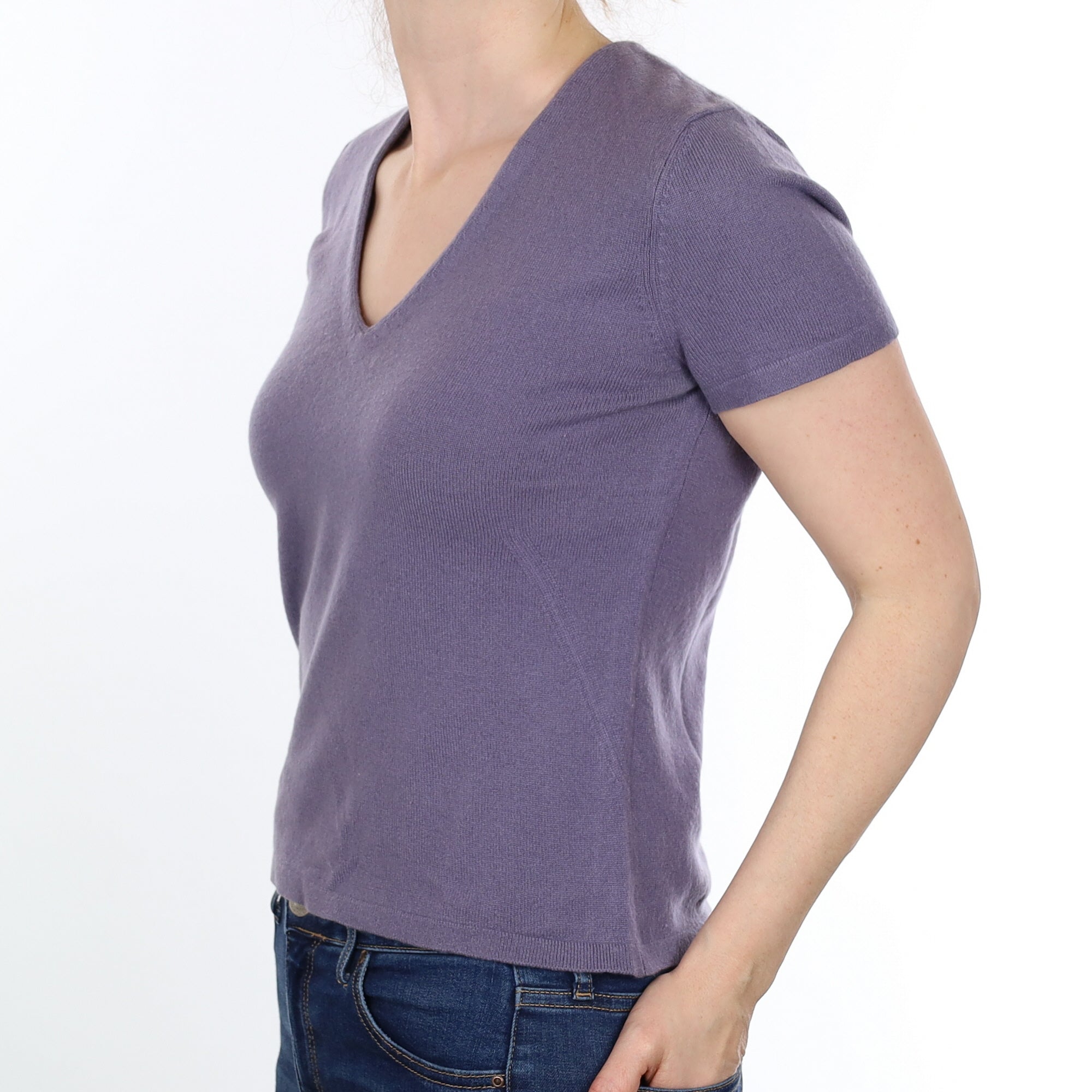 Muted Heather Cashmere Short Sleeved V Neck Jumper Small