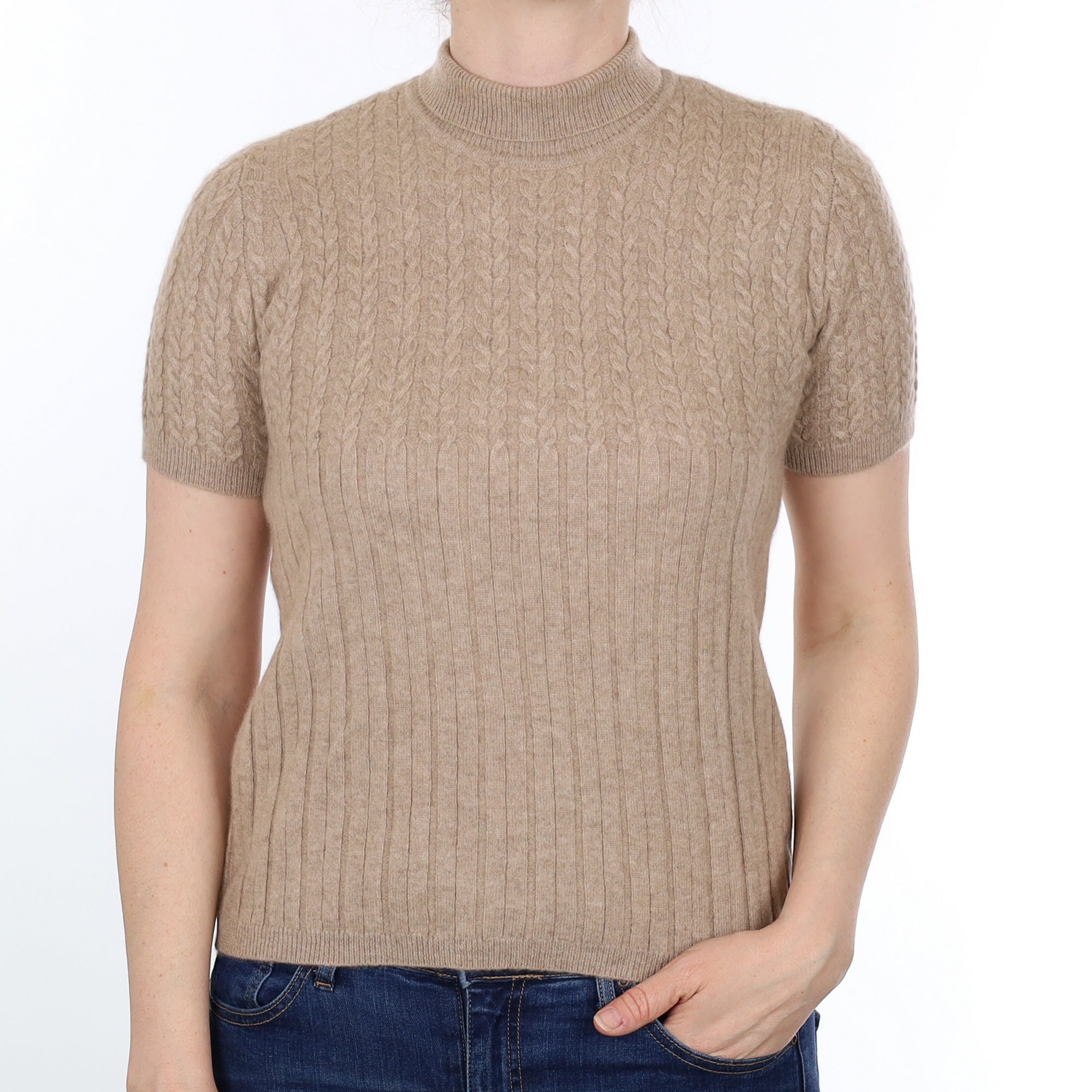 Fawn Textured Cashmere Short Sleeved Turtleneck Jumper Small