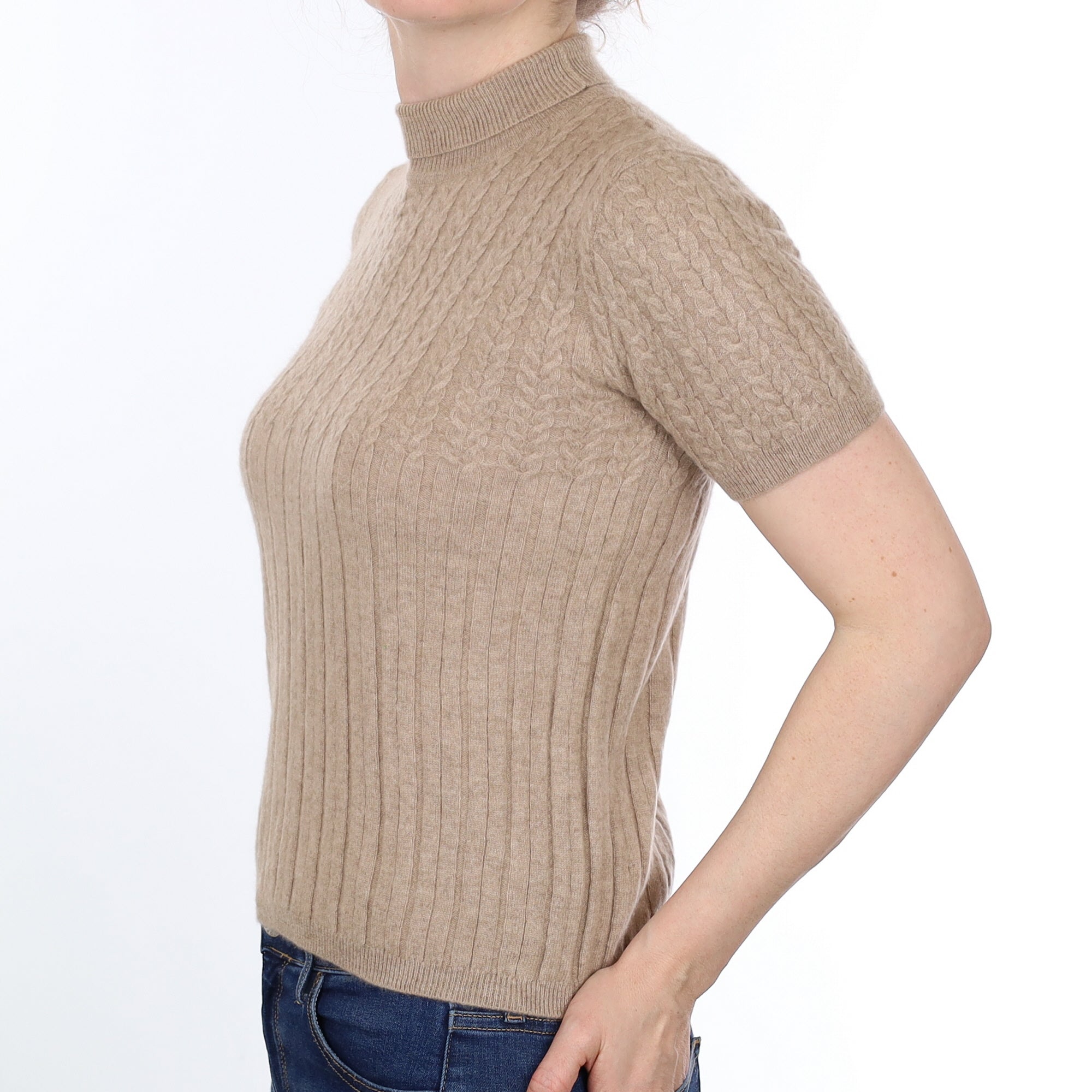 Fawn Textured Cashmere Short Sleeved Turtleneck Jumper Small