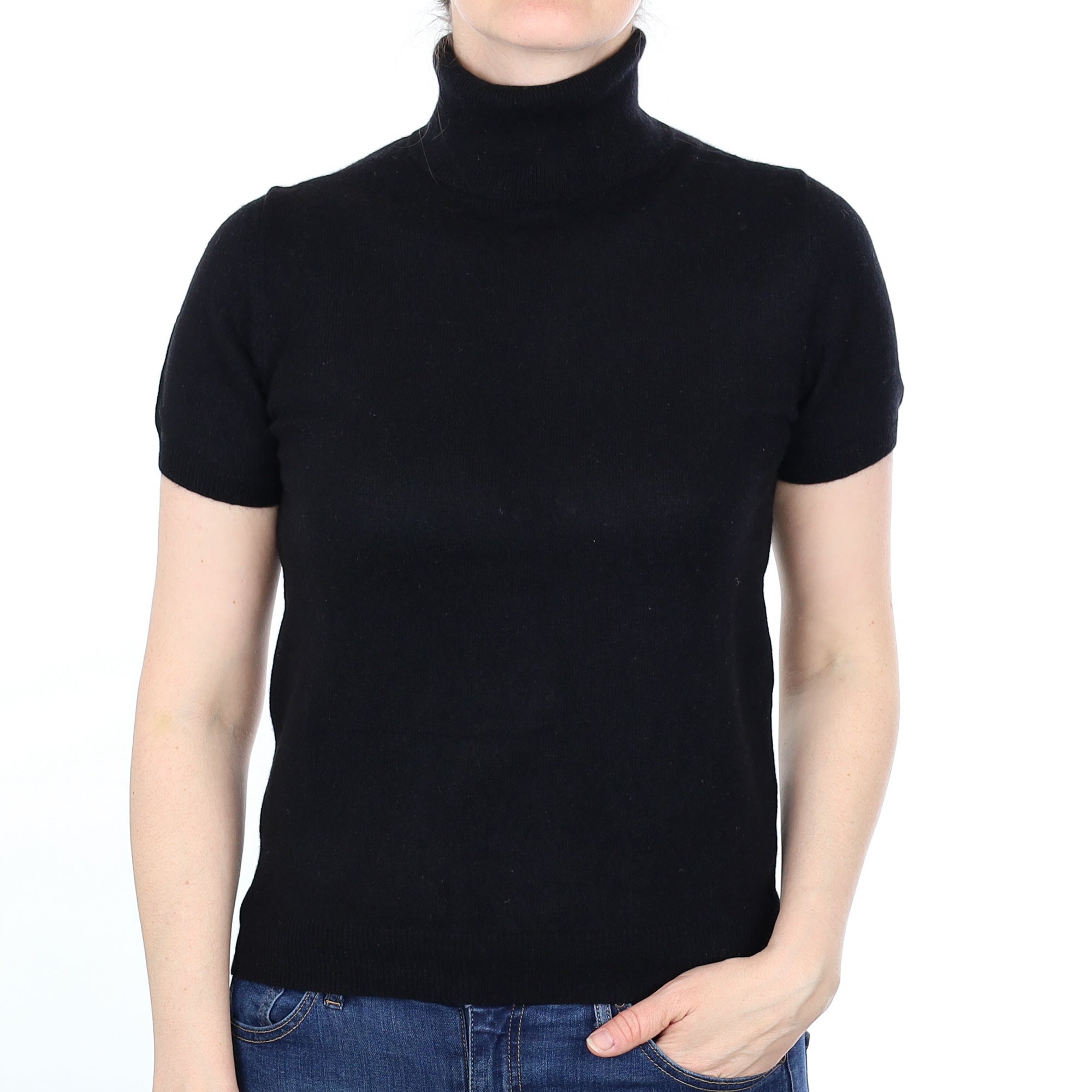 Black Cashmere Short Sleeved  Polo Neck Jumper Small