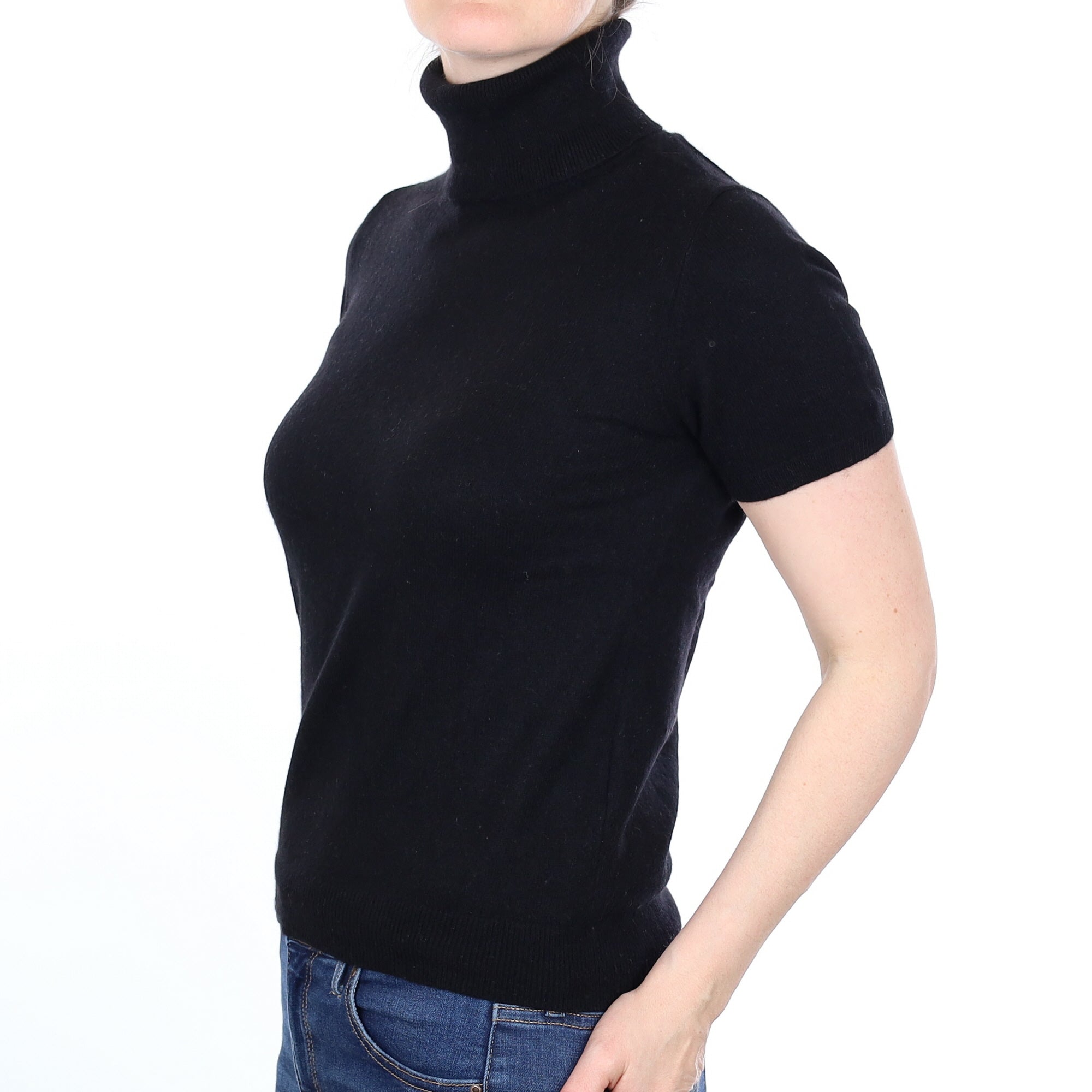 Black Cashmere Short Sleeved  Polo Neck Jumper Small