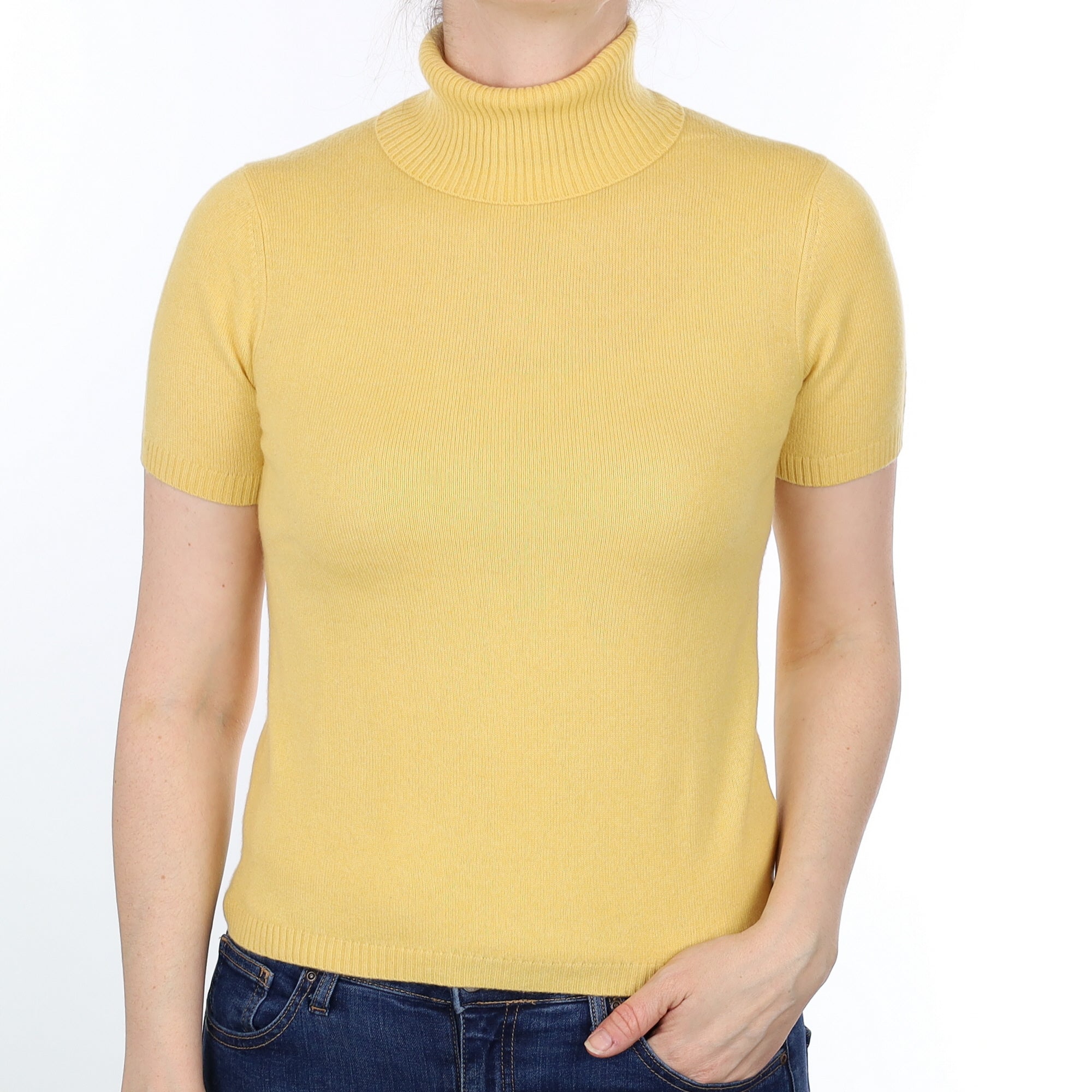 Daffodil Yellow Cashmere Short Sleeved Polo Neck Jumper Small