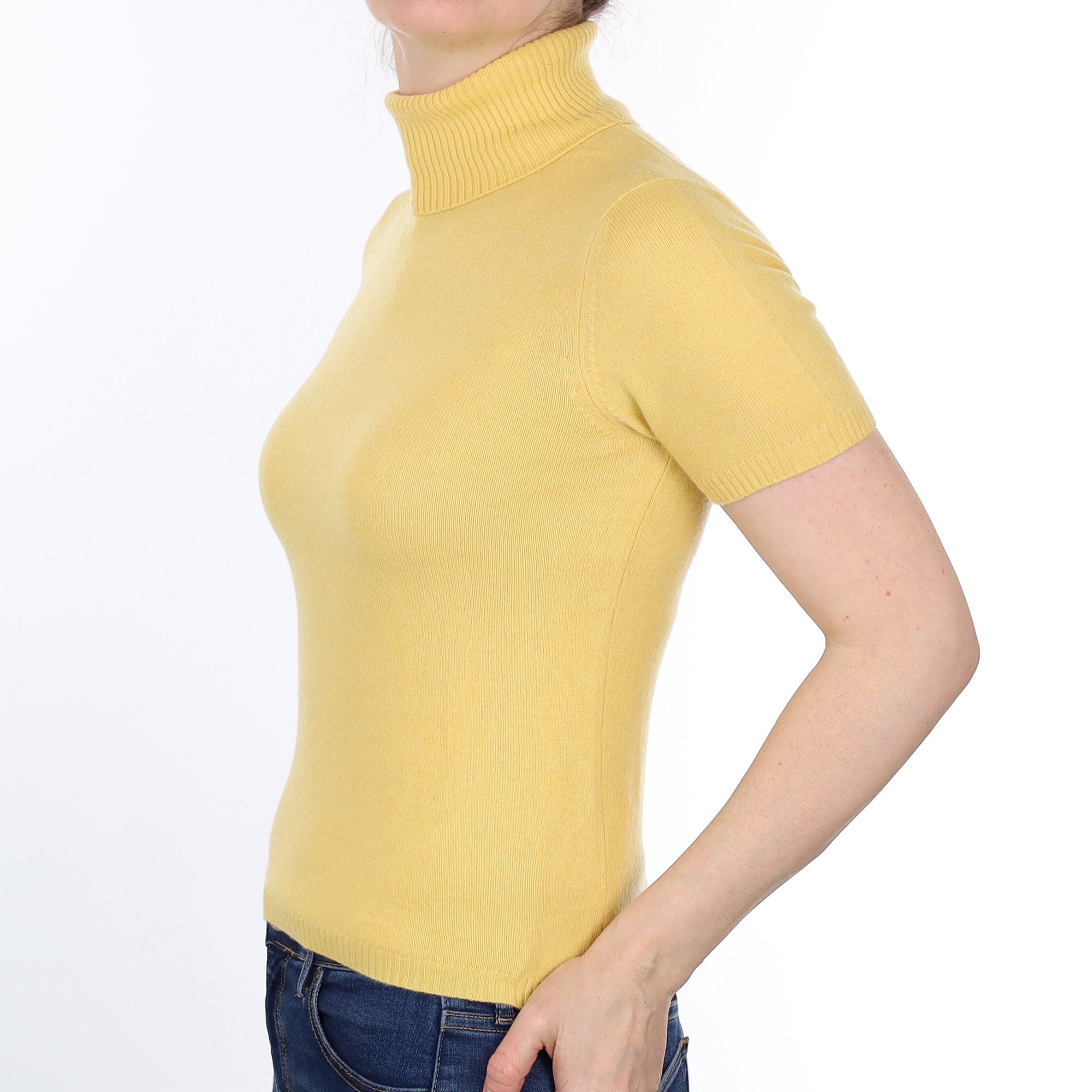 Daffodil Yellow Cashmere Short Sleeved Polo Neck Jumper Small
