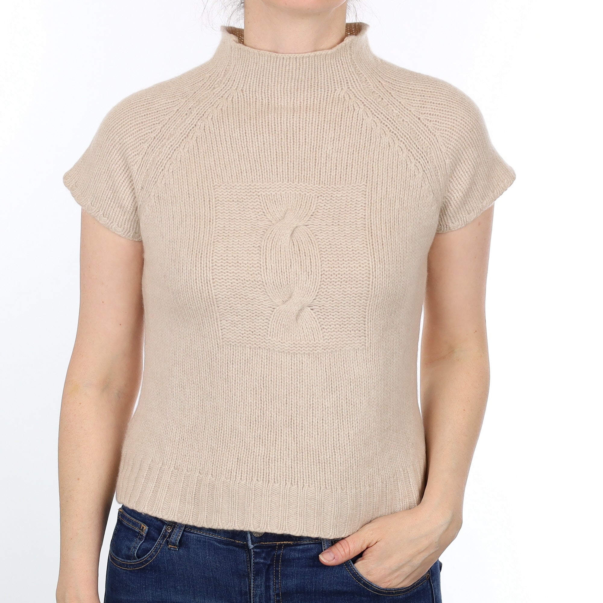 Oatmeal Textured Cashmere Short Sleeved Turtleneck Jumper Small