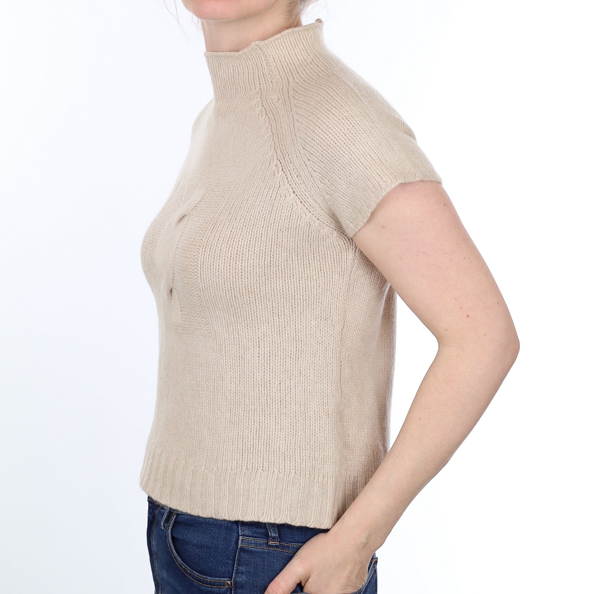 Oatmeal Textured Cashmere Short Sleeved Turtleneck Jumper Small