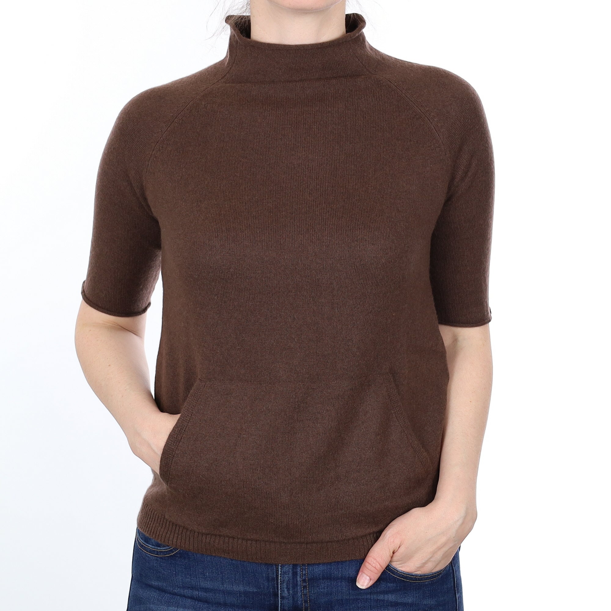 Chocolate Brown Cashmere Short Sleeved Turtleneck Jumper Small
