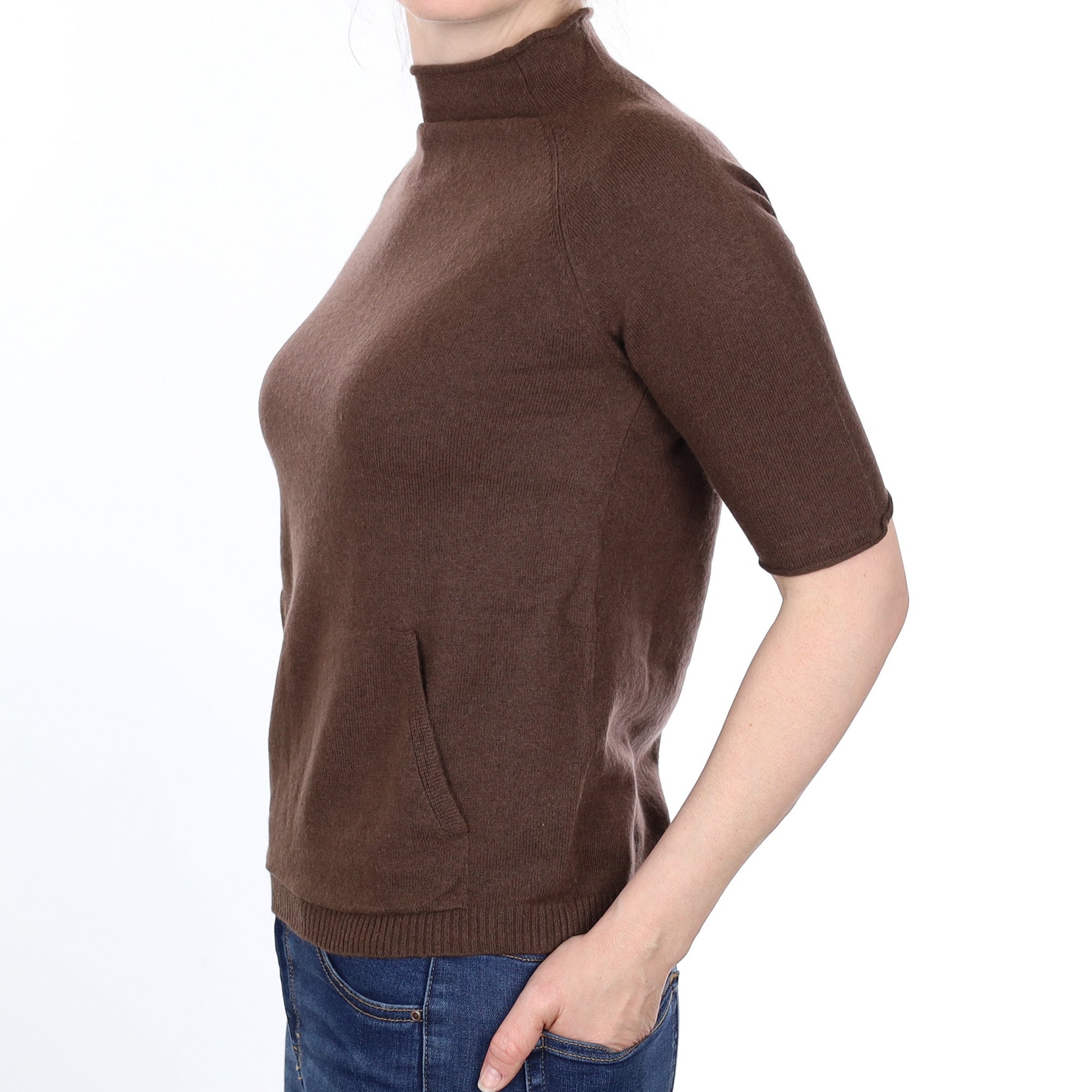 Chocolate Brown Cashmere Short Sleeved Turtleneck Jumper Small