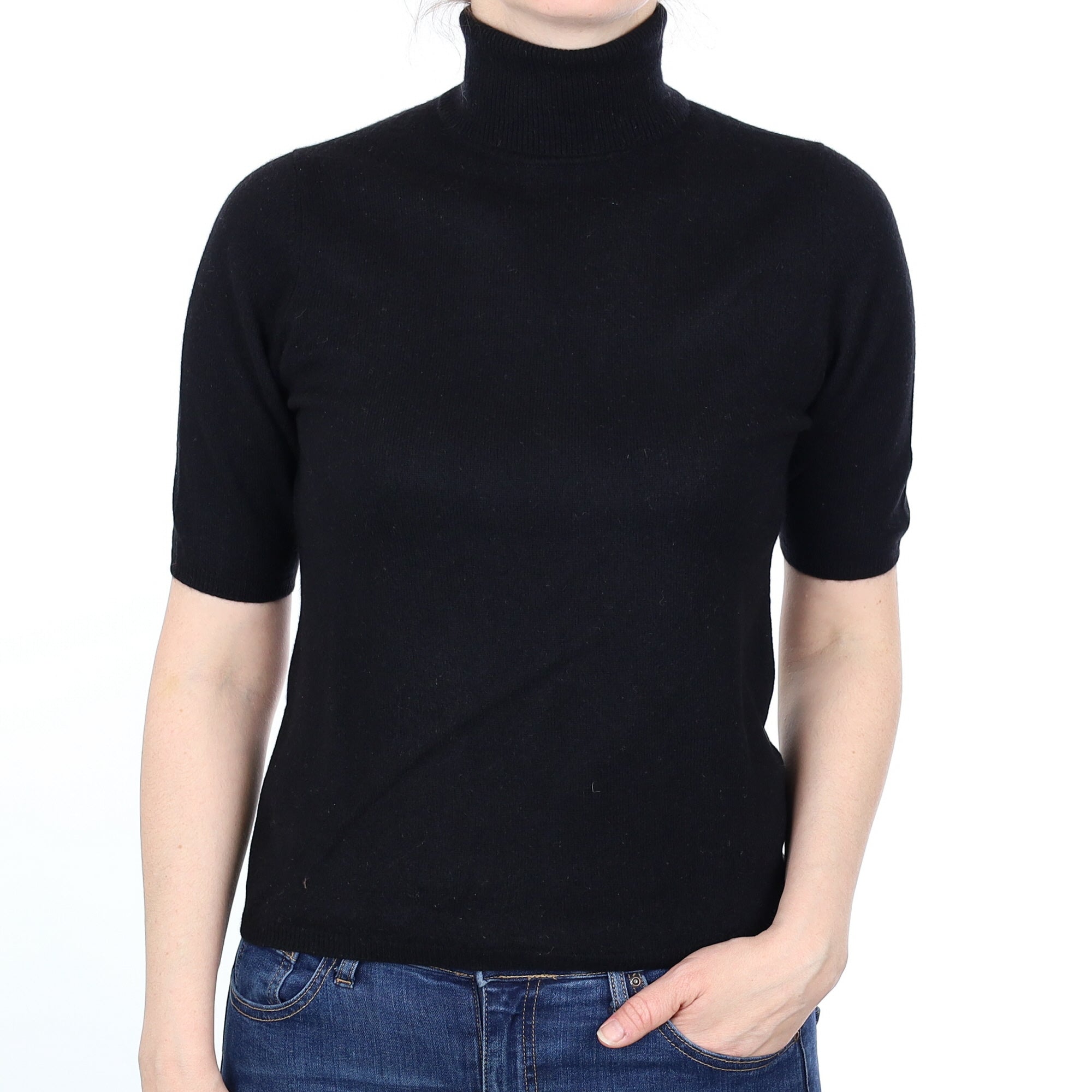 Black Cashmere Short Sleeved Polo Neck Jumper Small