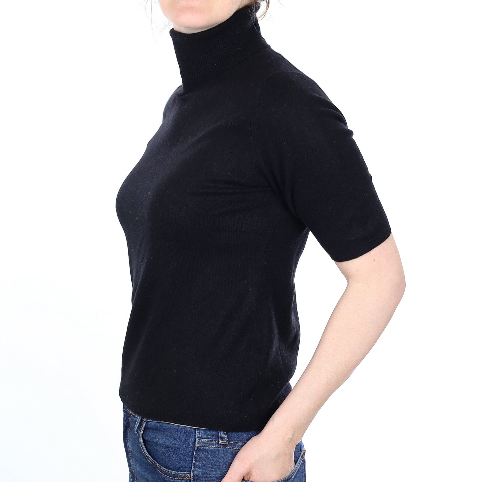 Black Cashmere Short Sleeved Polo Neck Jumper Small