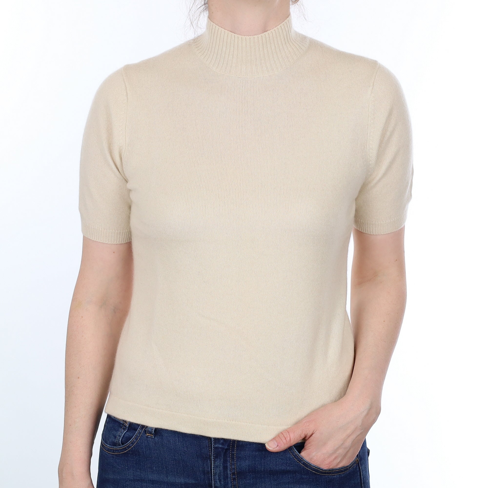 Vanilla Cream Cashmere Short Sleeved Turtleneck Jumper Small