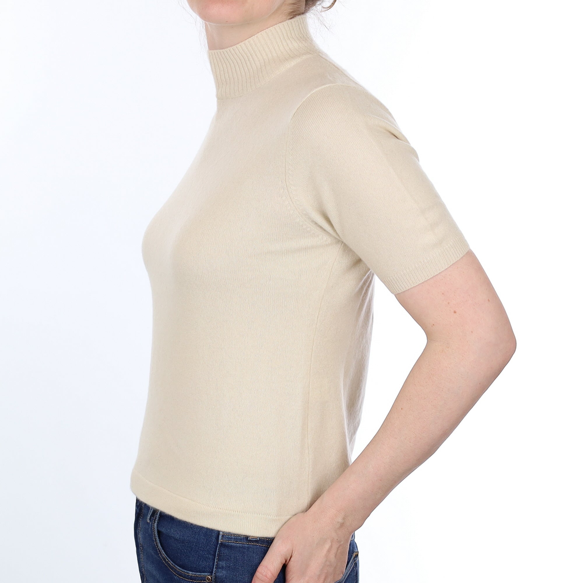 Vanilla Cream Cashmere Short Sleeved Turtleneck Jumper Small
