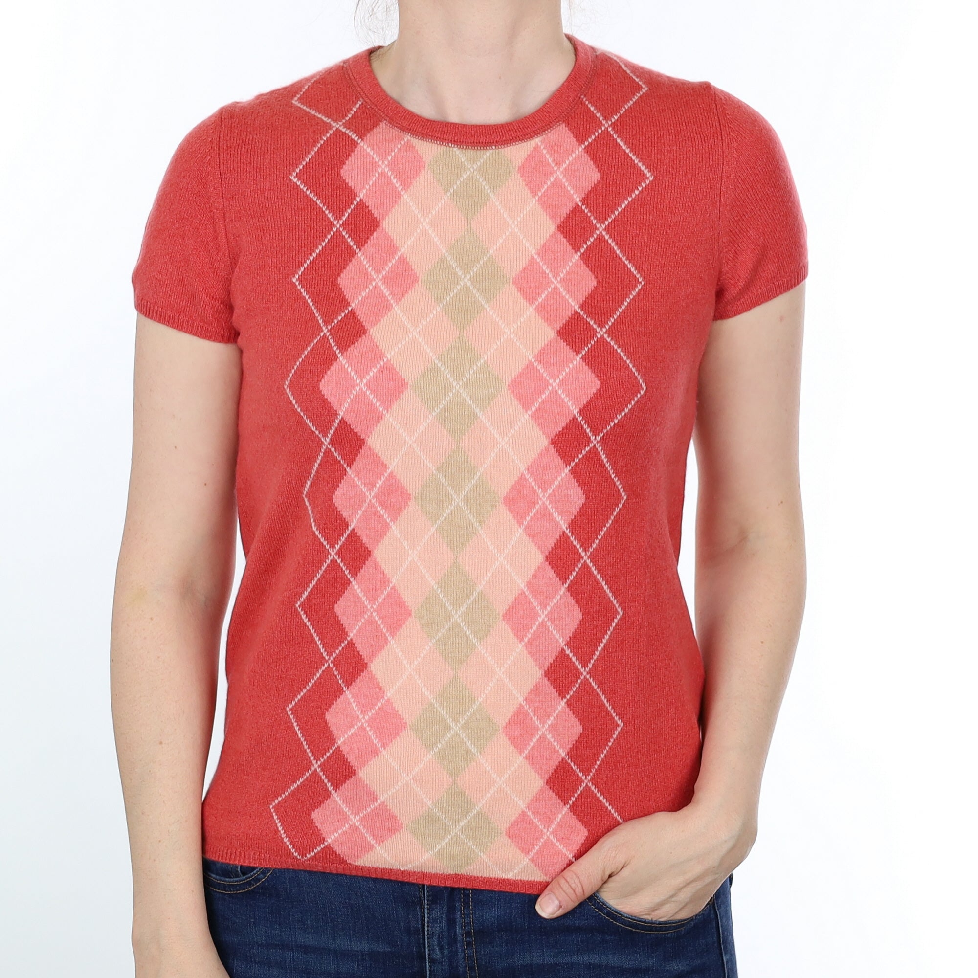 Cranberry Pink Diamond Patterned Cashmere Short Sleeved Crew Neck Jumper Small