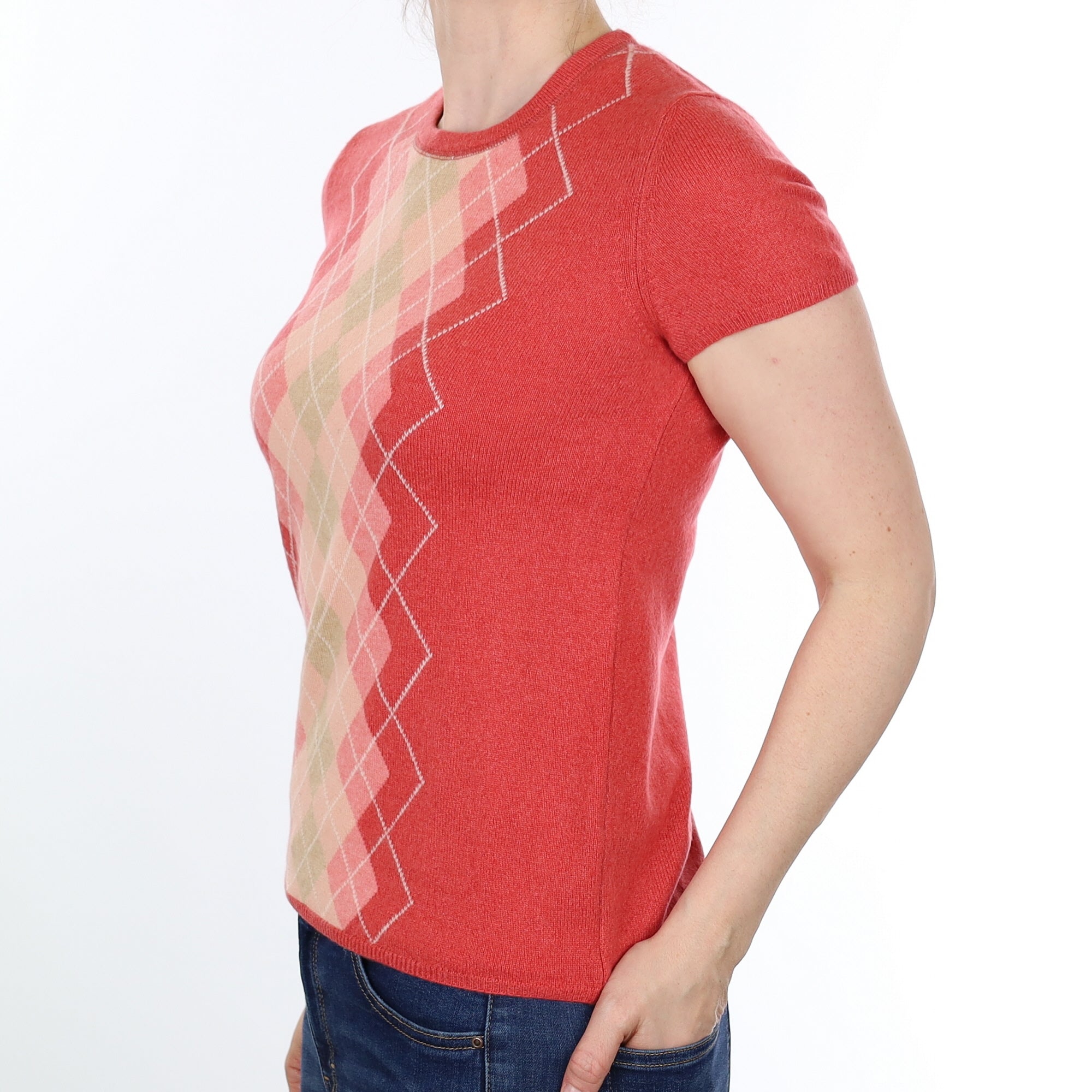 Cranberry Pink Diamond Patterned Cashmere Short Sleeved Crew Neck Jumper Small