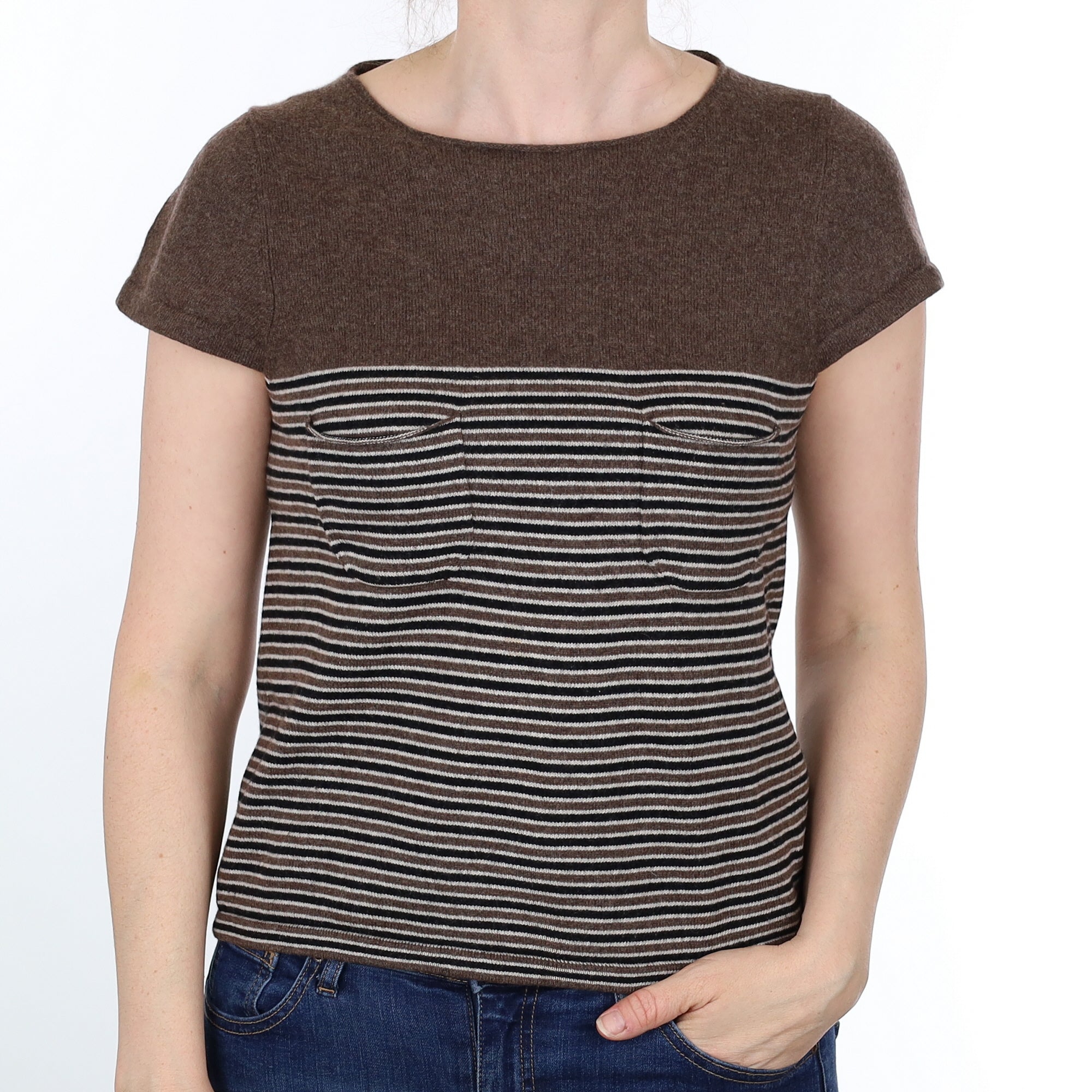 Donkey Brown and Black Striped Cashmere Short Sleeved Crew Neck Jumper Small