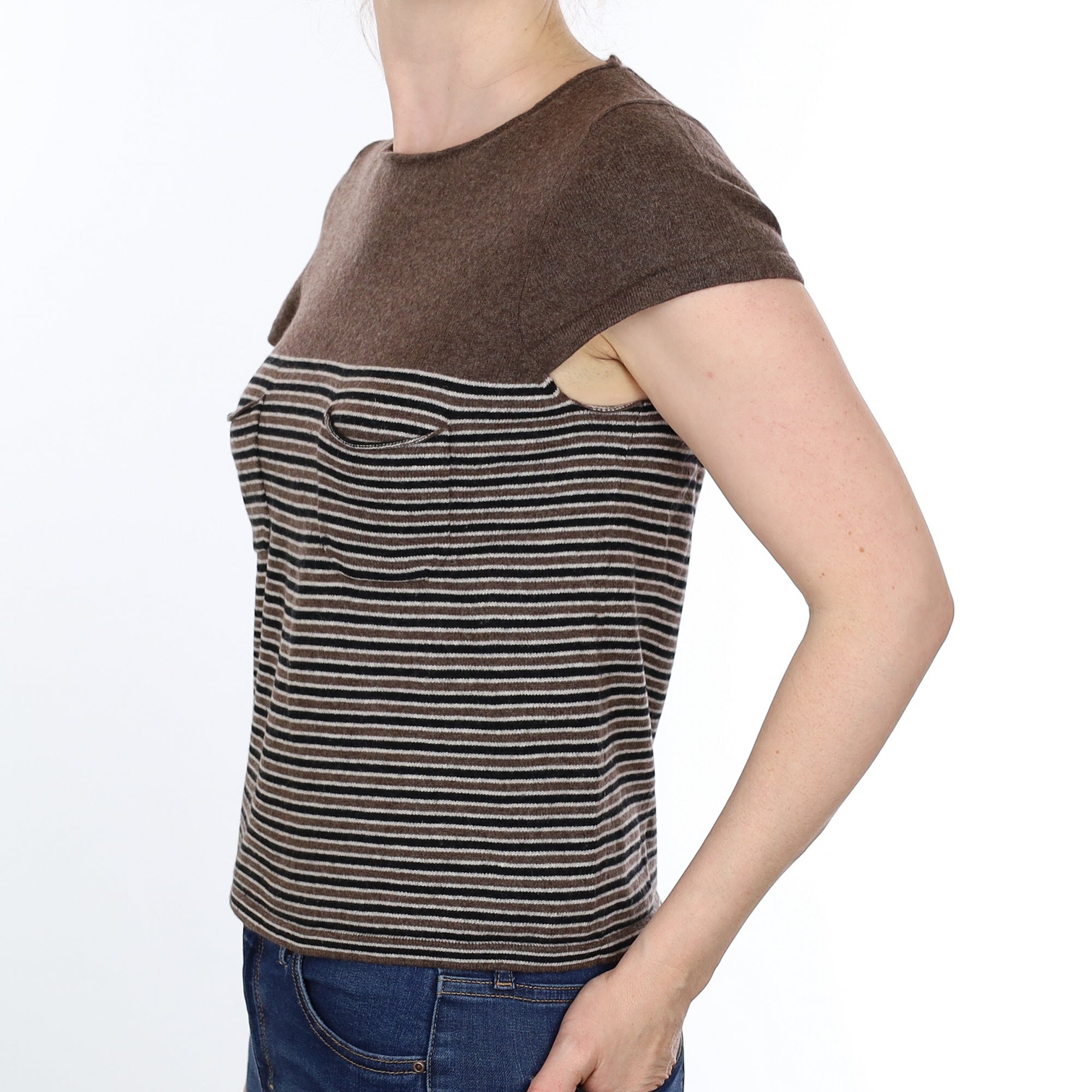 Donkey Brown and Black Striped Cashmere Short Sleeved Crew Neck Jumper Small