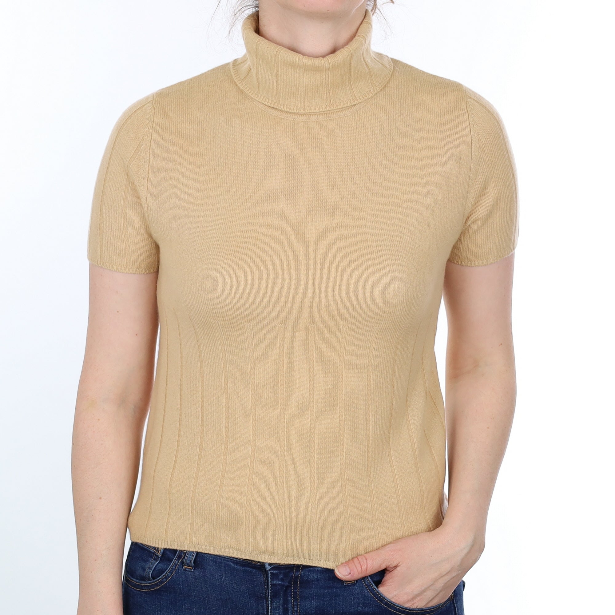 Pale Apricot Cashmere Short Sleeved Polo Neck Jumper Small