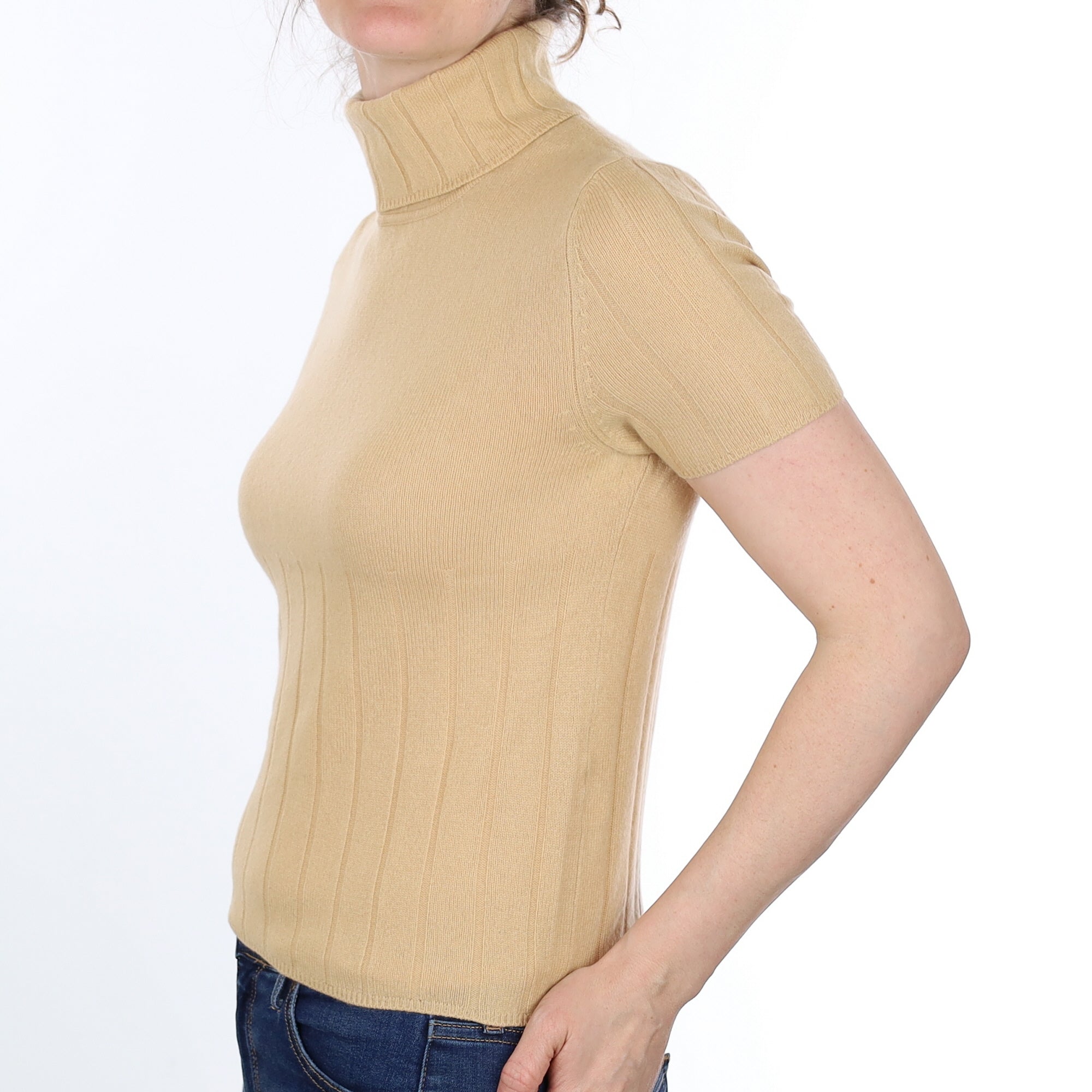 Pale Apricot Cashmere Short Sleeved Polo Neck Jumper Small