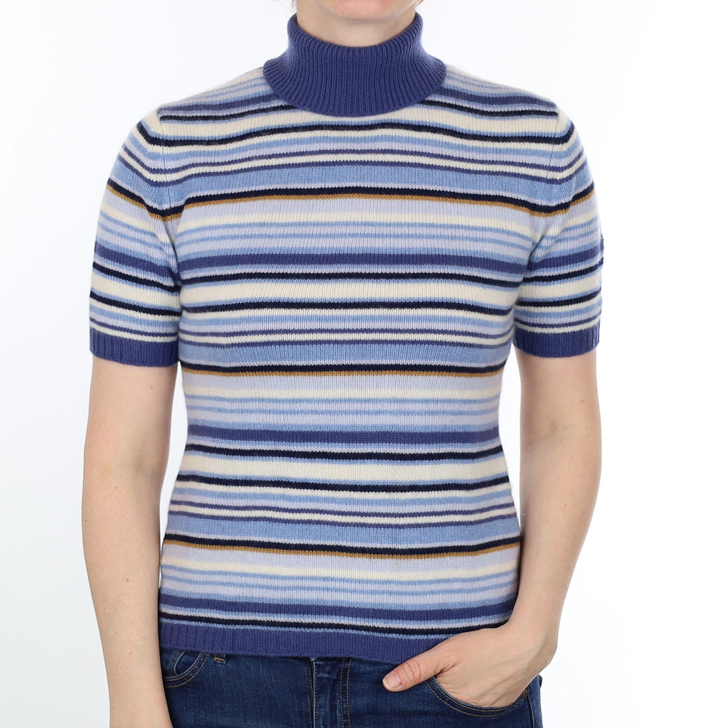 Blue Striped Cashmere Short Sleeved Polo Neck Jumper Small