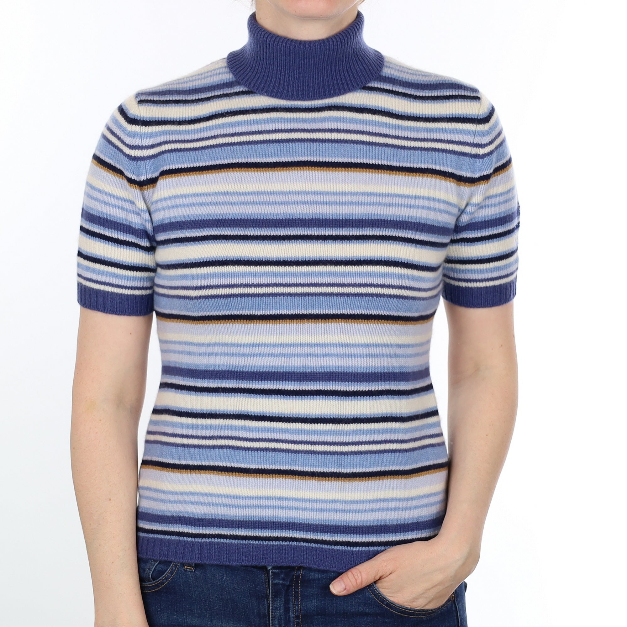Blue Striped Cashmere Short Sleeved Polo Neck Jumper Small