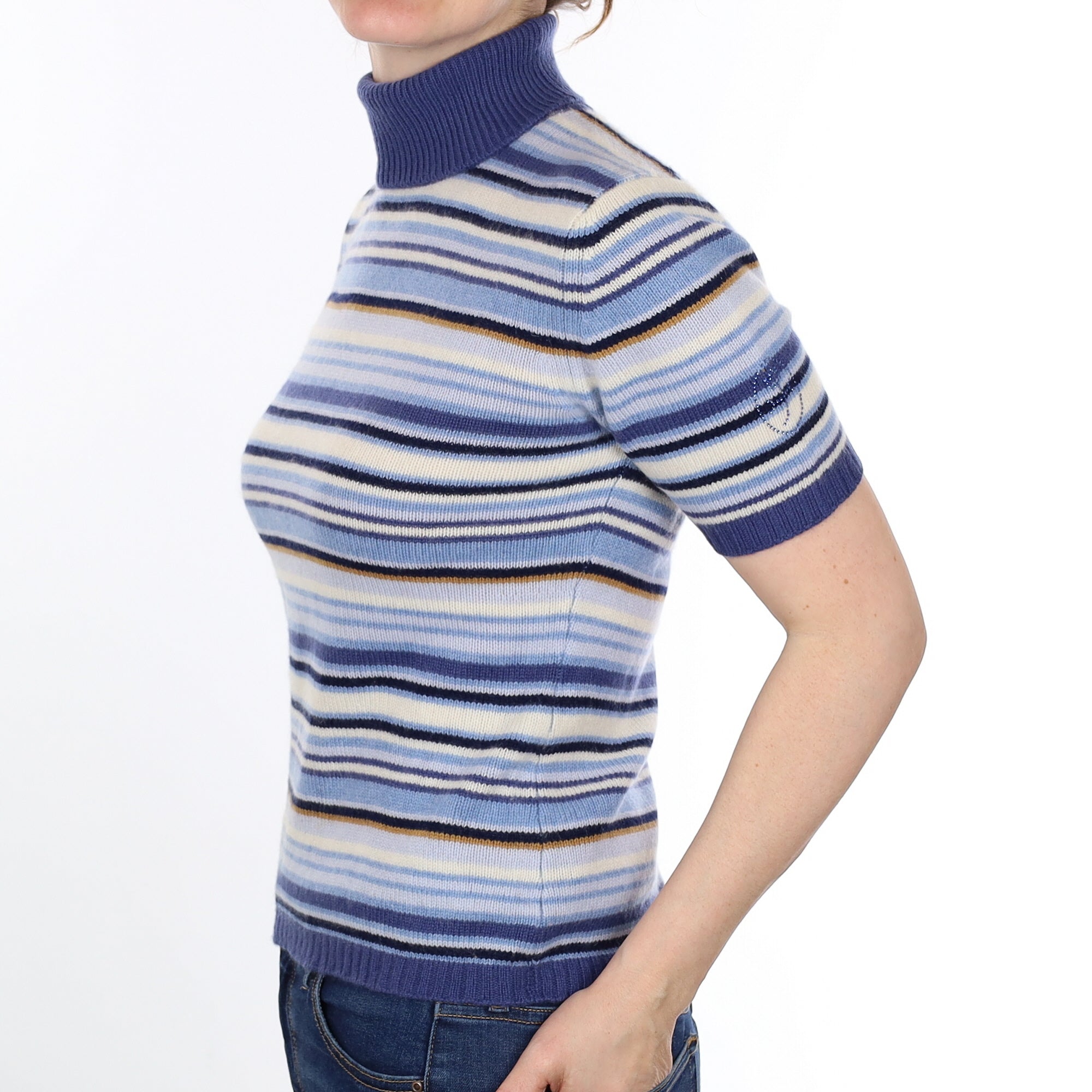 Blue Striped Cashmere Short Sleeved Polo Neck Jumper Small