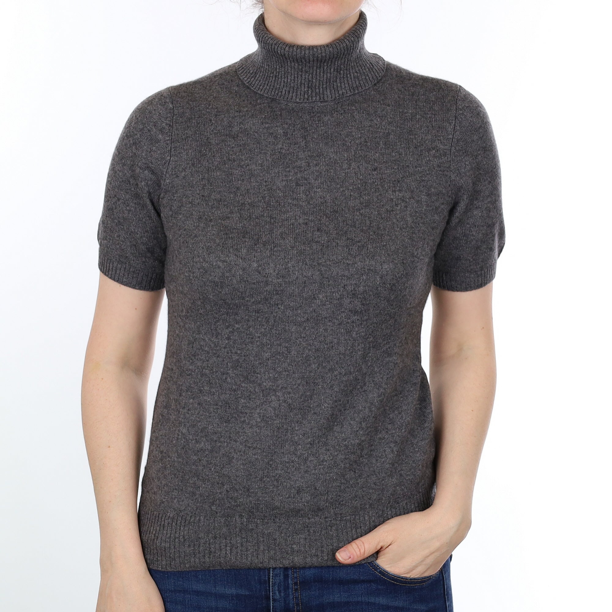 Slate Grey Cashmere Short Sleeved Polo Neck Jumper Small