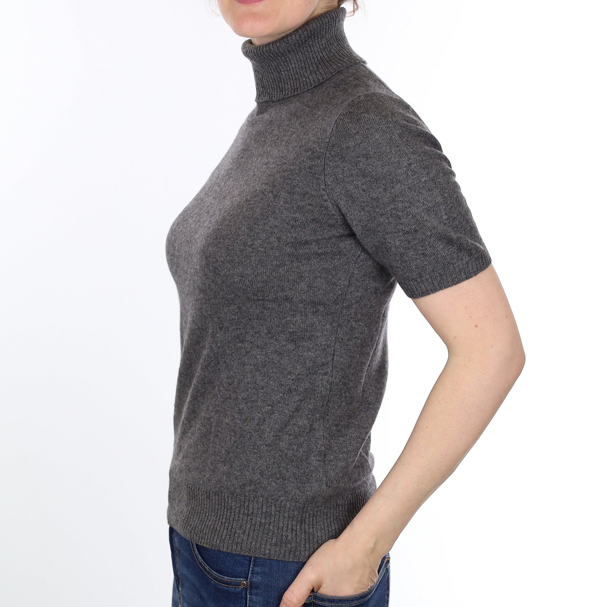 Slate Grey Cashmere Short Sleeved Polo Neck Jumper Small