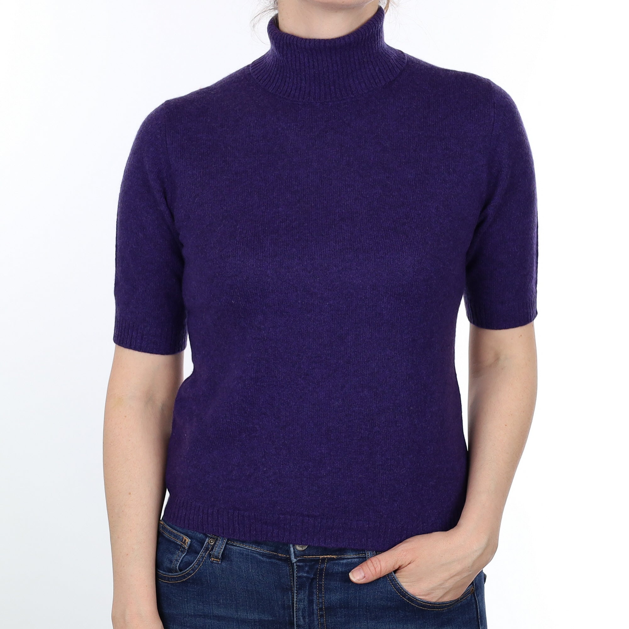 Grape Purple Cashmere Short Sleeved Polo Neck Jumper Small
