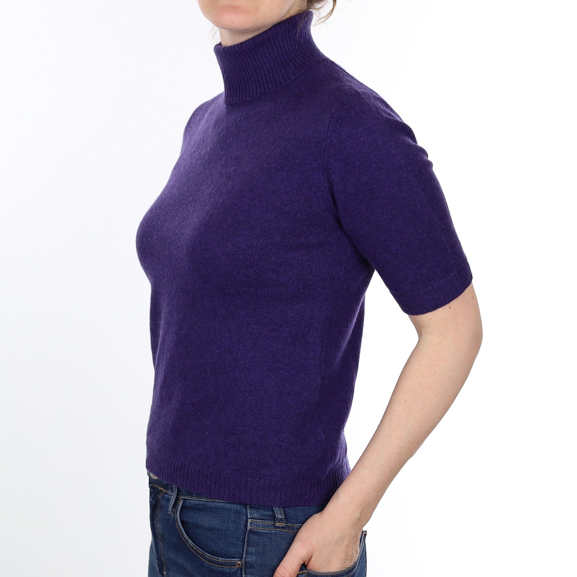 Grape Purple Cashmere Short Sleeved Polo Neck Jumper Small