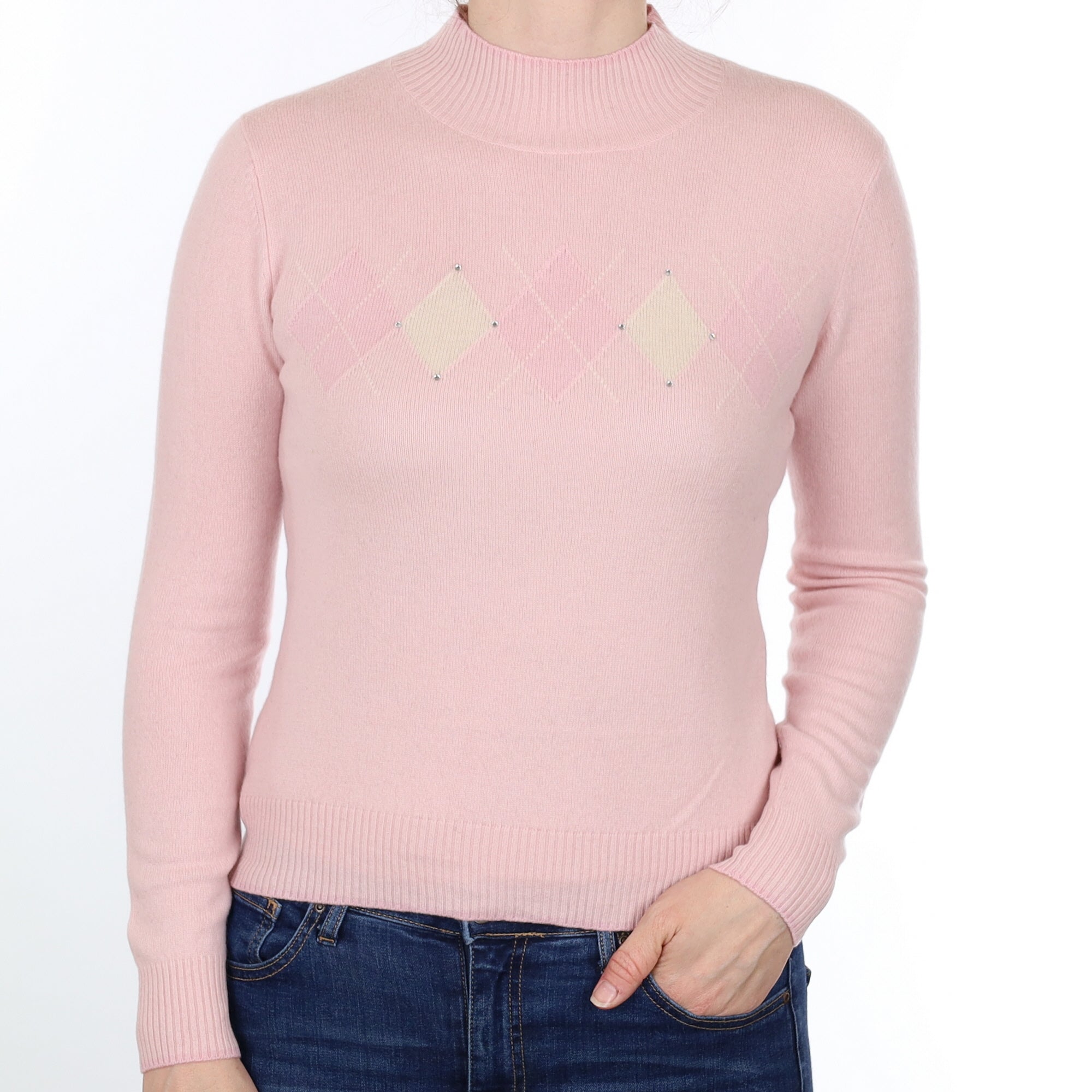 Ice Pink Diamond Pattern Cashmere Turtleneck Jumper Small