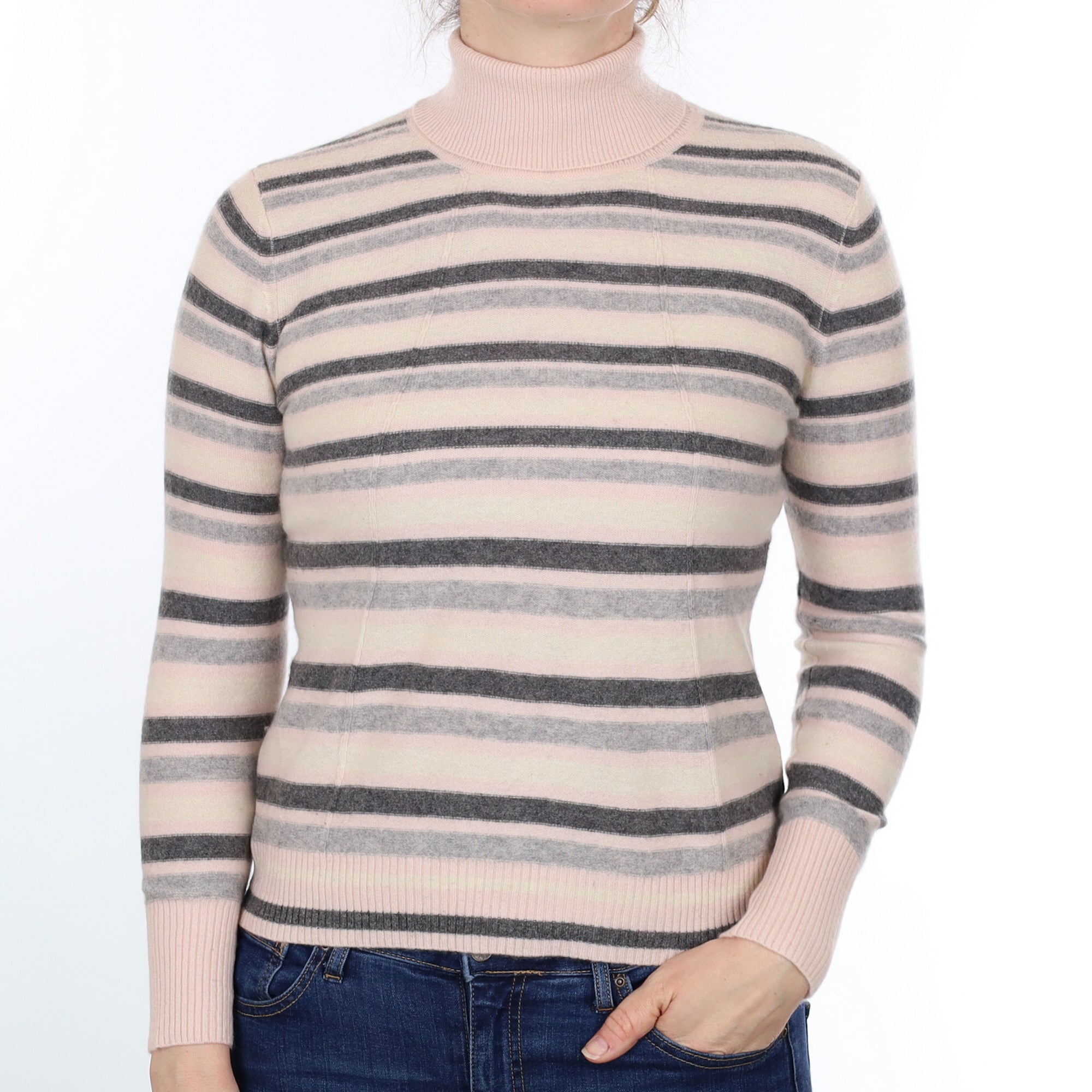 Grey and Cream Striped Cashmere Polo Neck Jumper Small