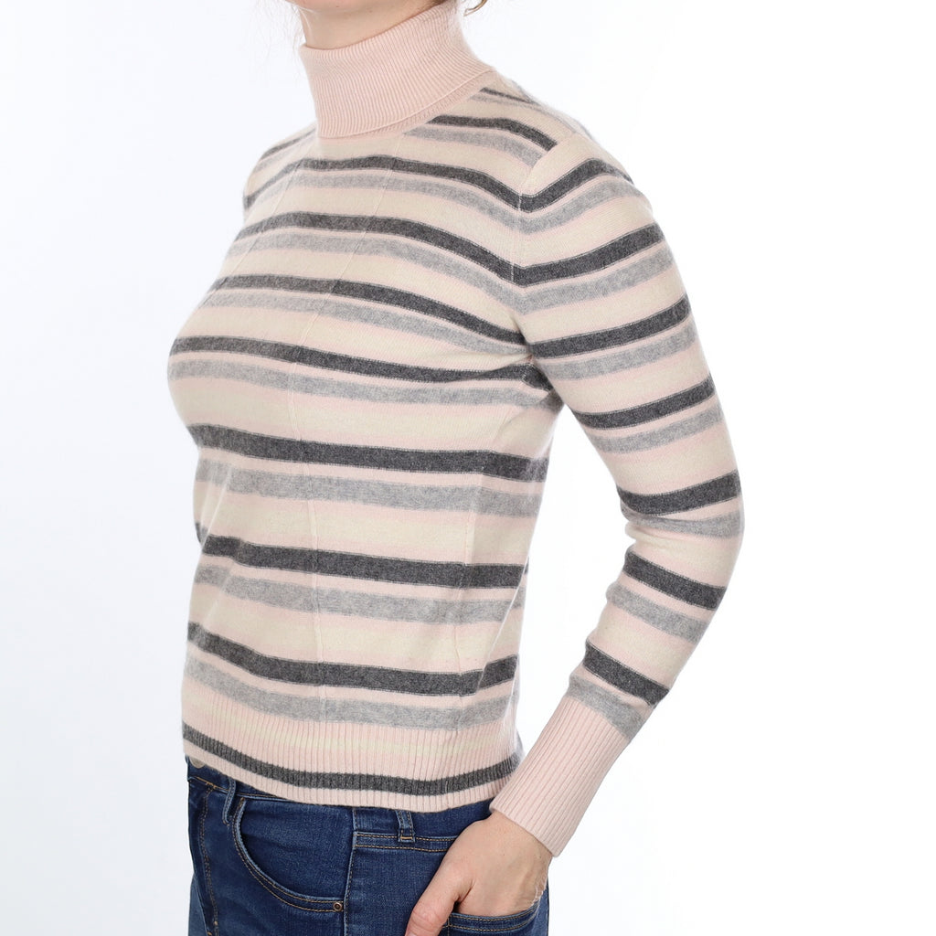 Grey and Cream Striped Cashmere Polo Neck Jumper Small