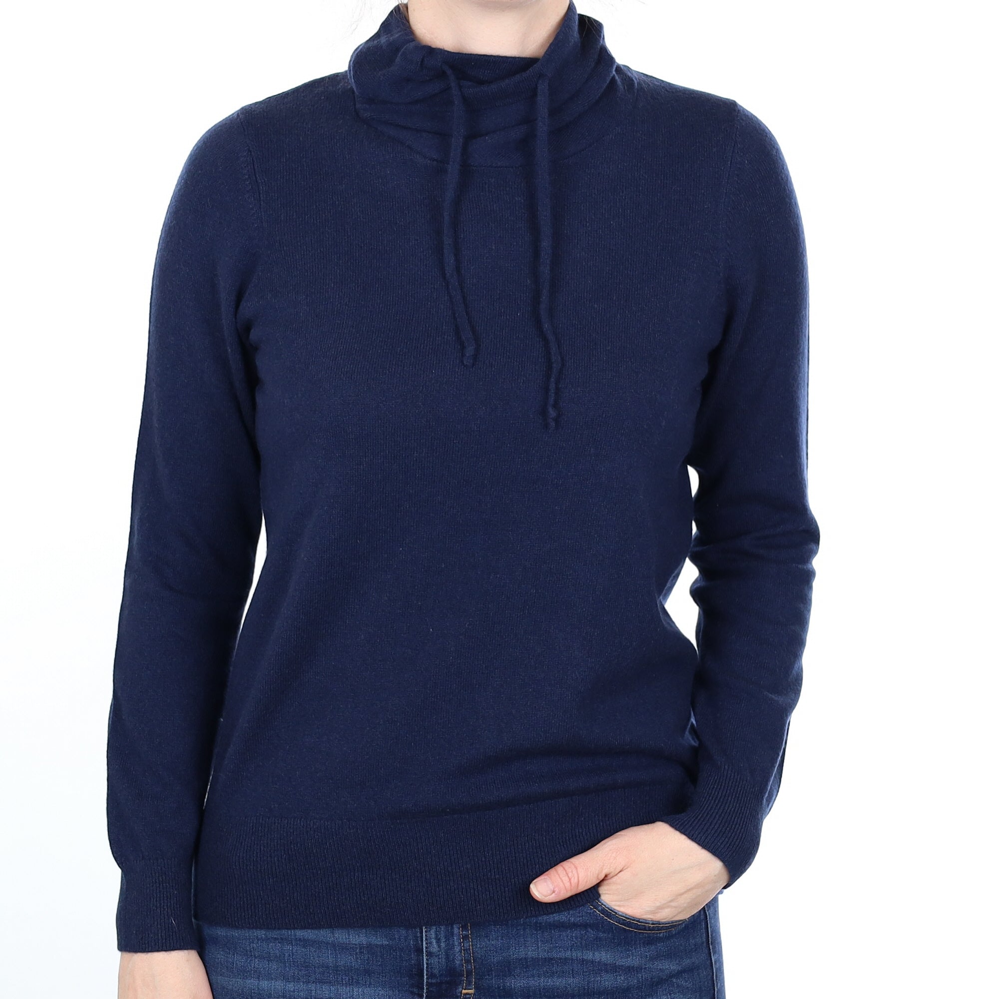L.L.Bean Navy Blue Cashmere Cross Over Polo Neck Jumper Small