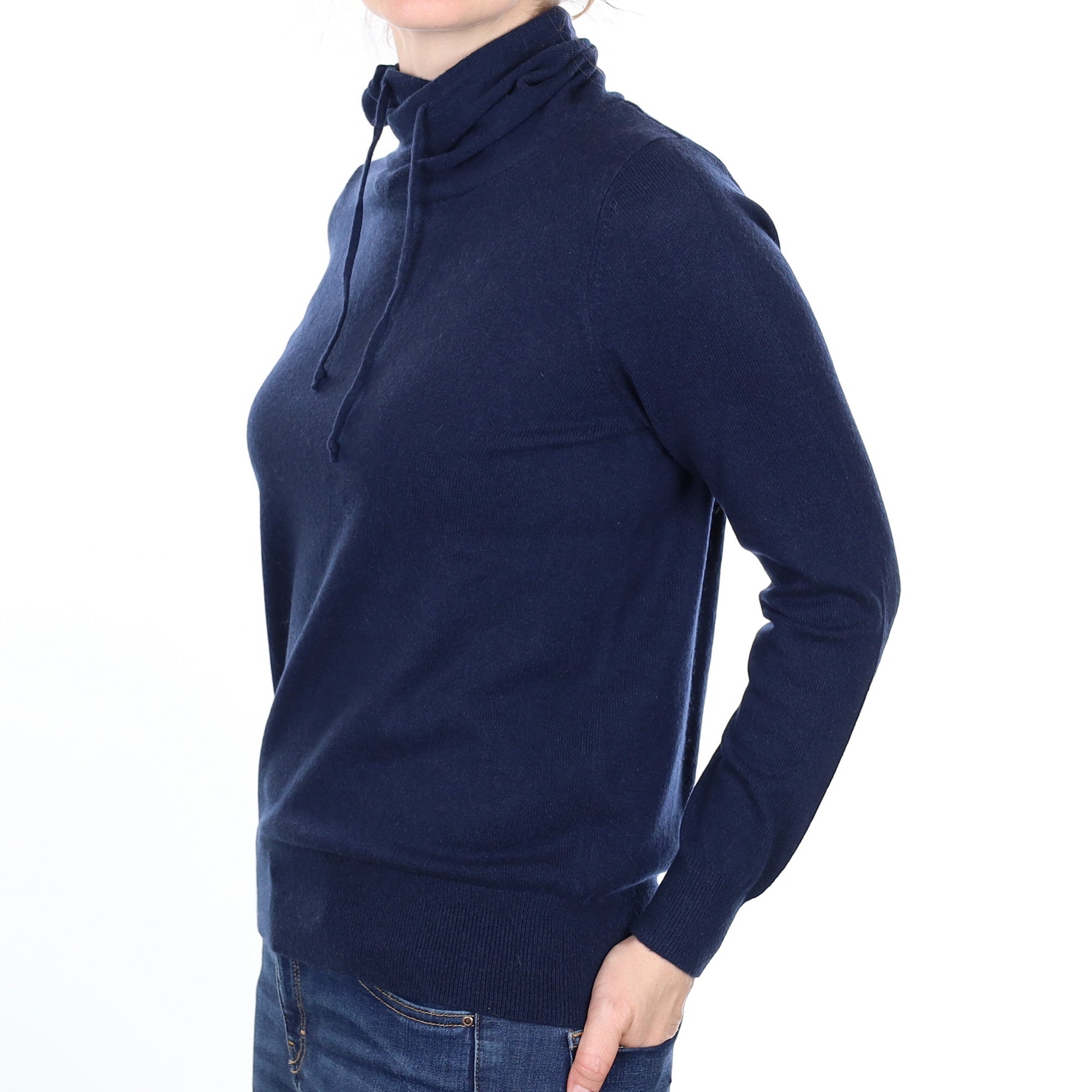 L.L.Bean Navy Blue Cashmere Cross Over Polo Neck Jumper Small